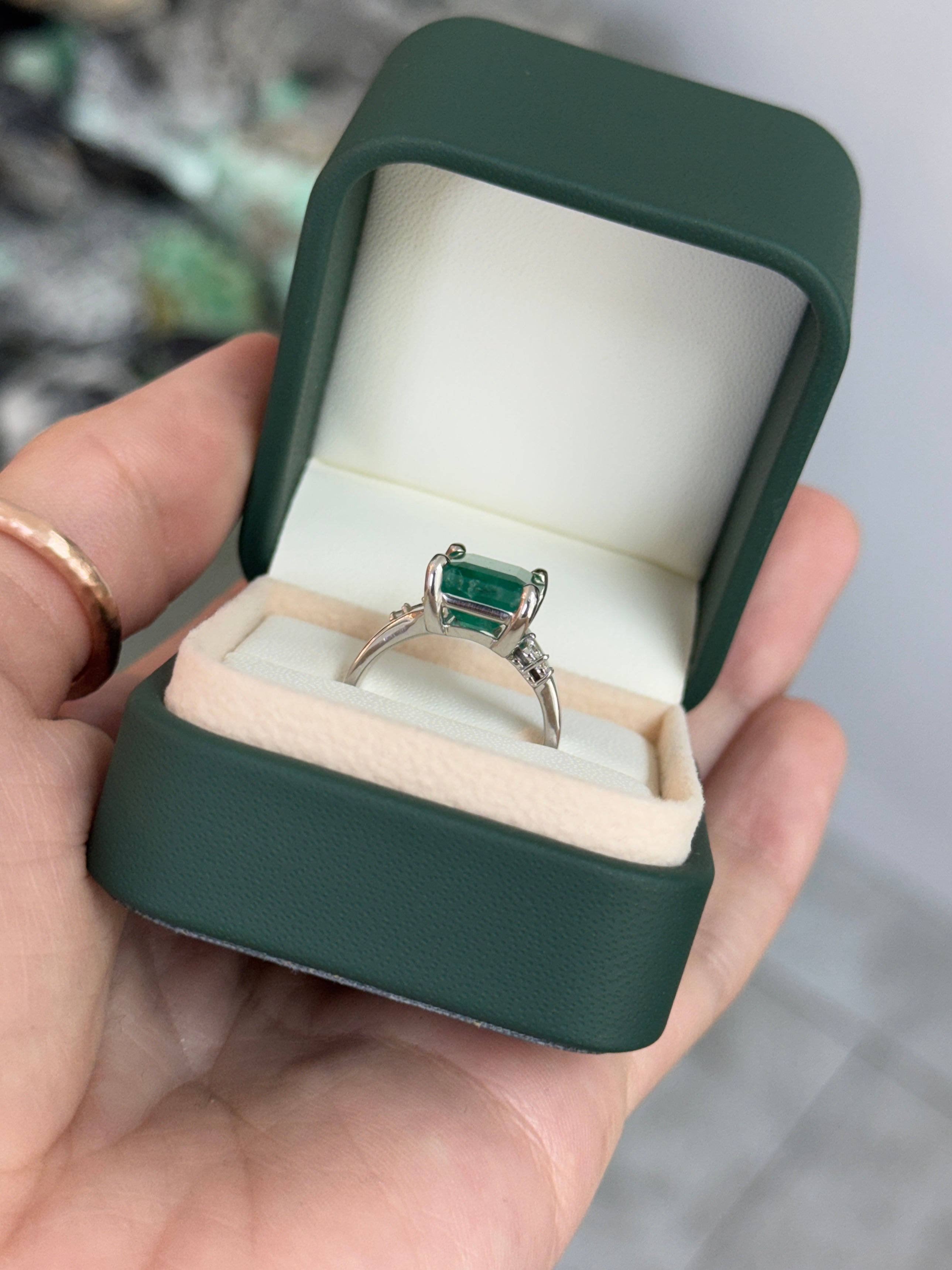 7.98tcw 14K Natural Medium Dark Green Emerald Cut Emerald & Diamond Accent Right Hand Ring