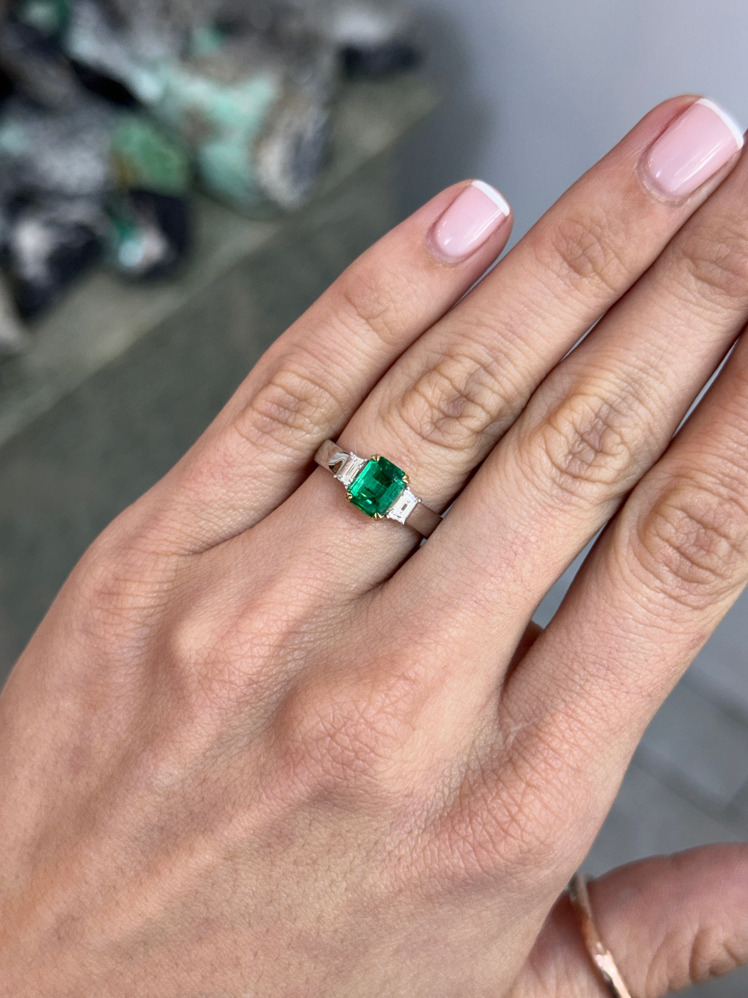 1.81tcw 14K PLAT Natural Emerald Cut Emerald & Trapezoid Diamond Three Stone Ring