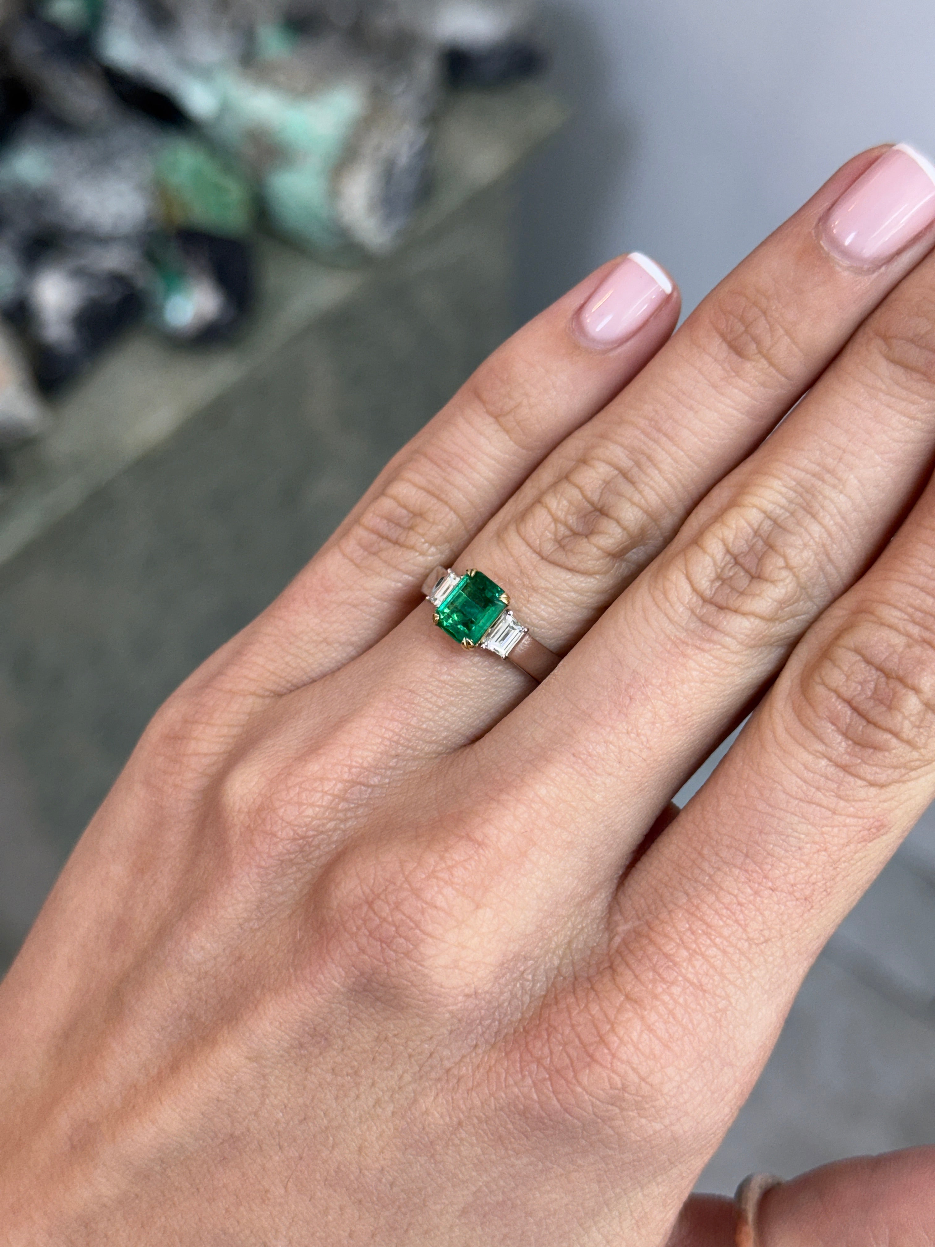 1.81tcw 14K PLAT Natural Emerald Cut Emerald & Trapezoid Diamond Three Stone Ring