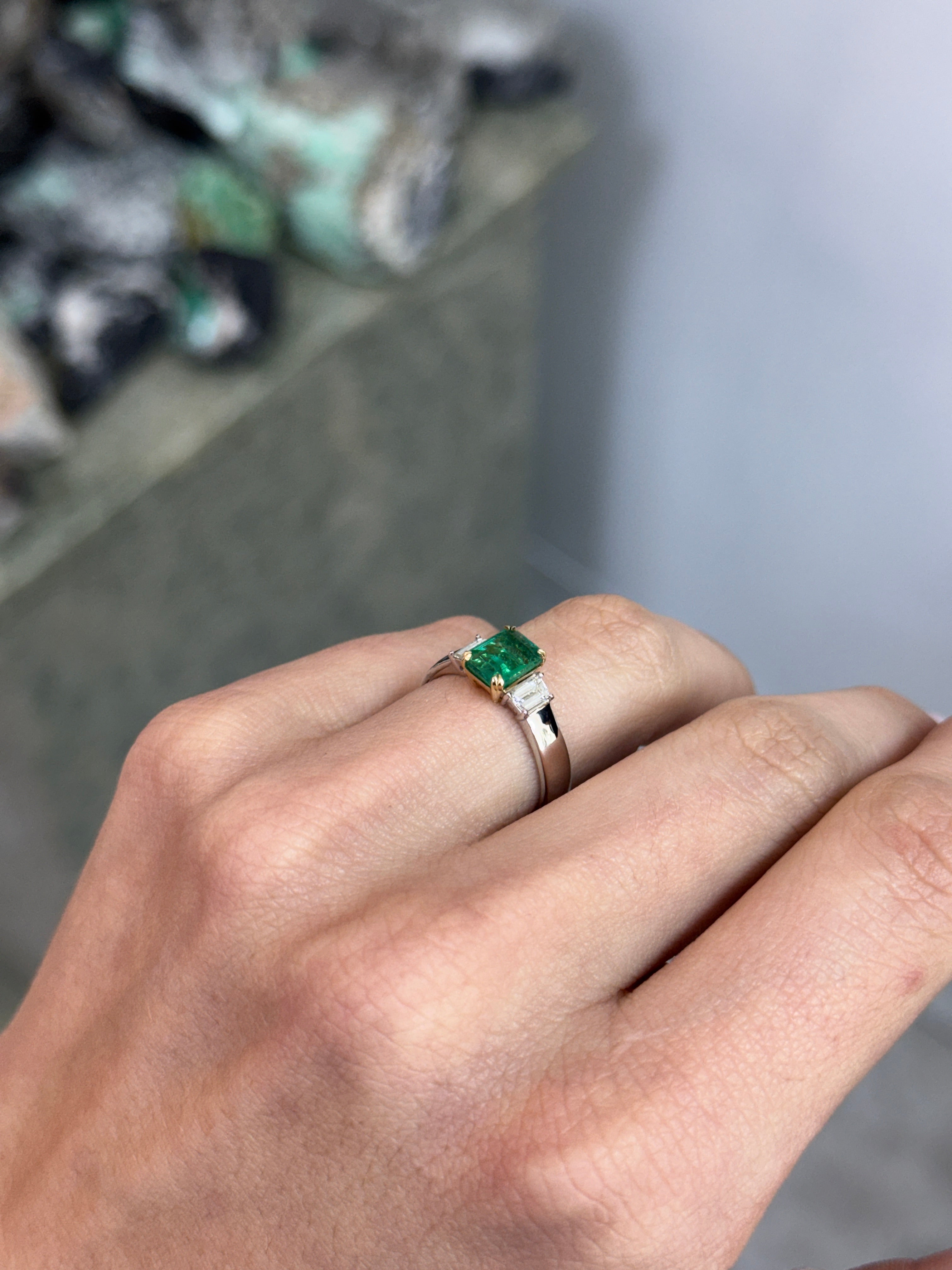 1.81tcw 14K PLAT Natural Emerald Cut Emerald & Trapezoid Diamond Three Stone Ring