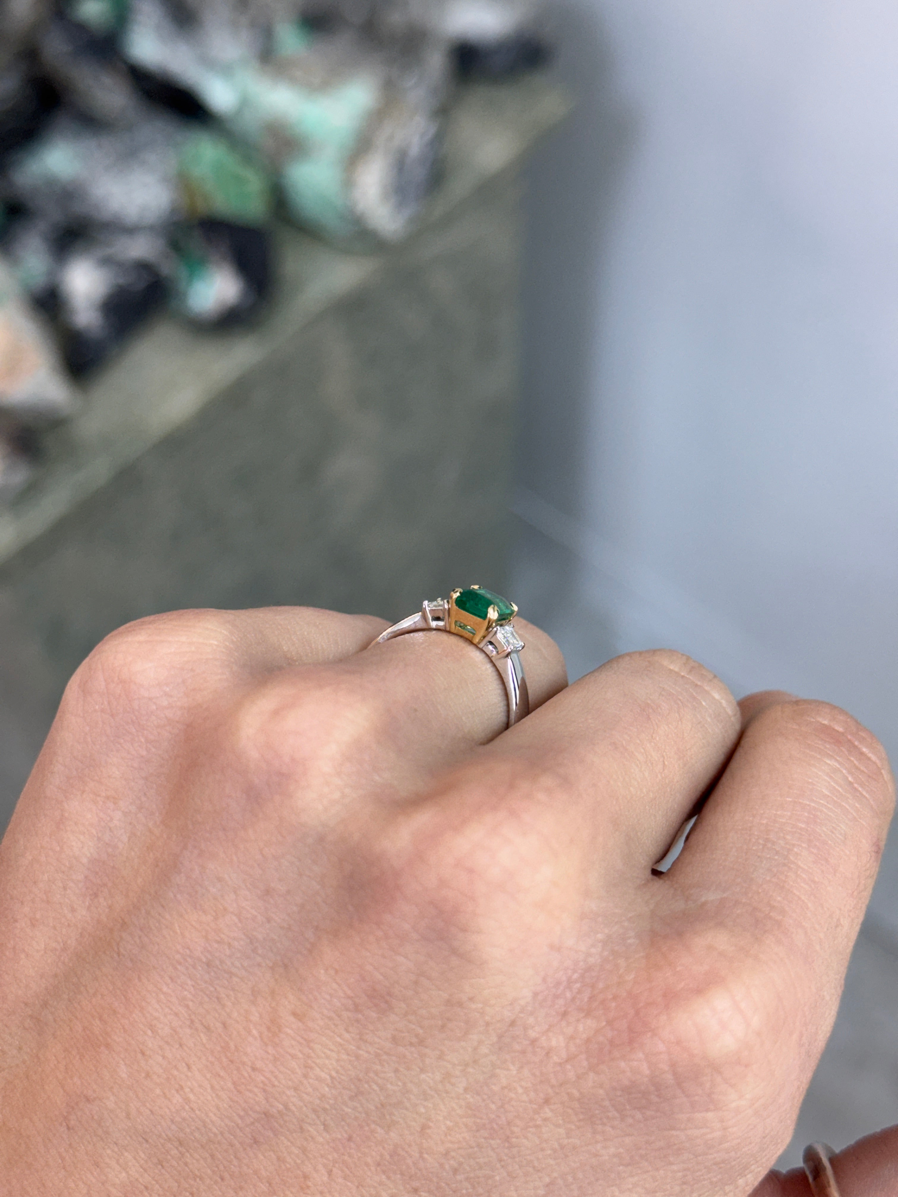 1.81tcw 14K PLAT Natural Emerald Cut Emerald & Trapezoid Diamond Three Stone Ring