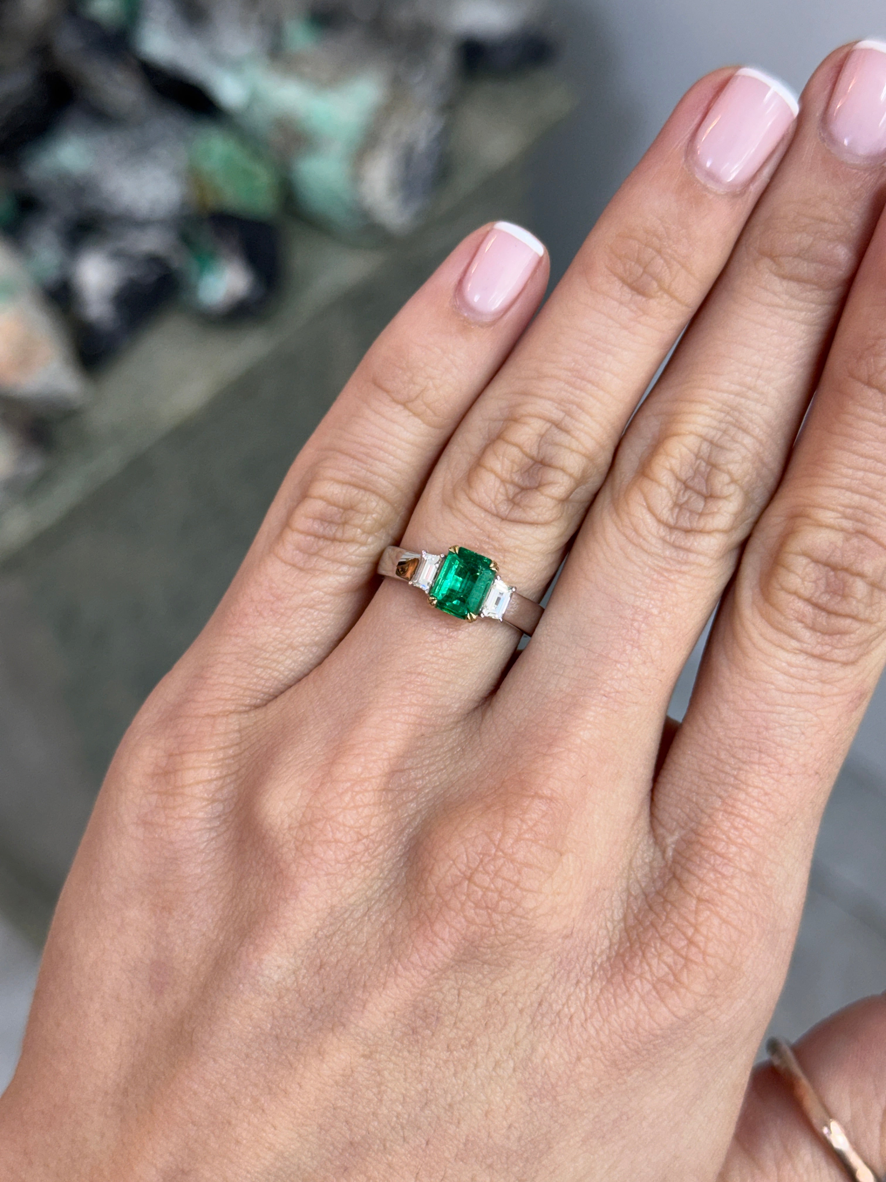 1.81tcw 14K PLAT Natural Emerald Cut Emerald & Trapezoid Diamond Three Stone Ring