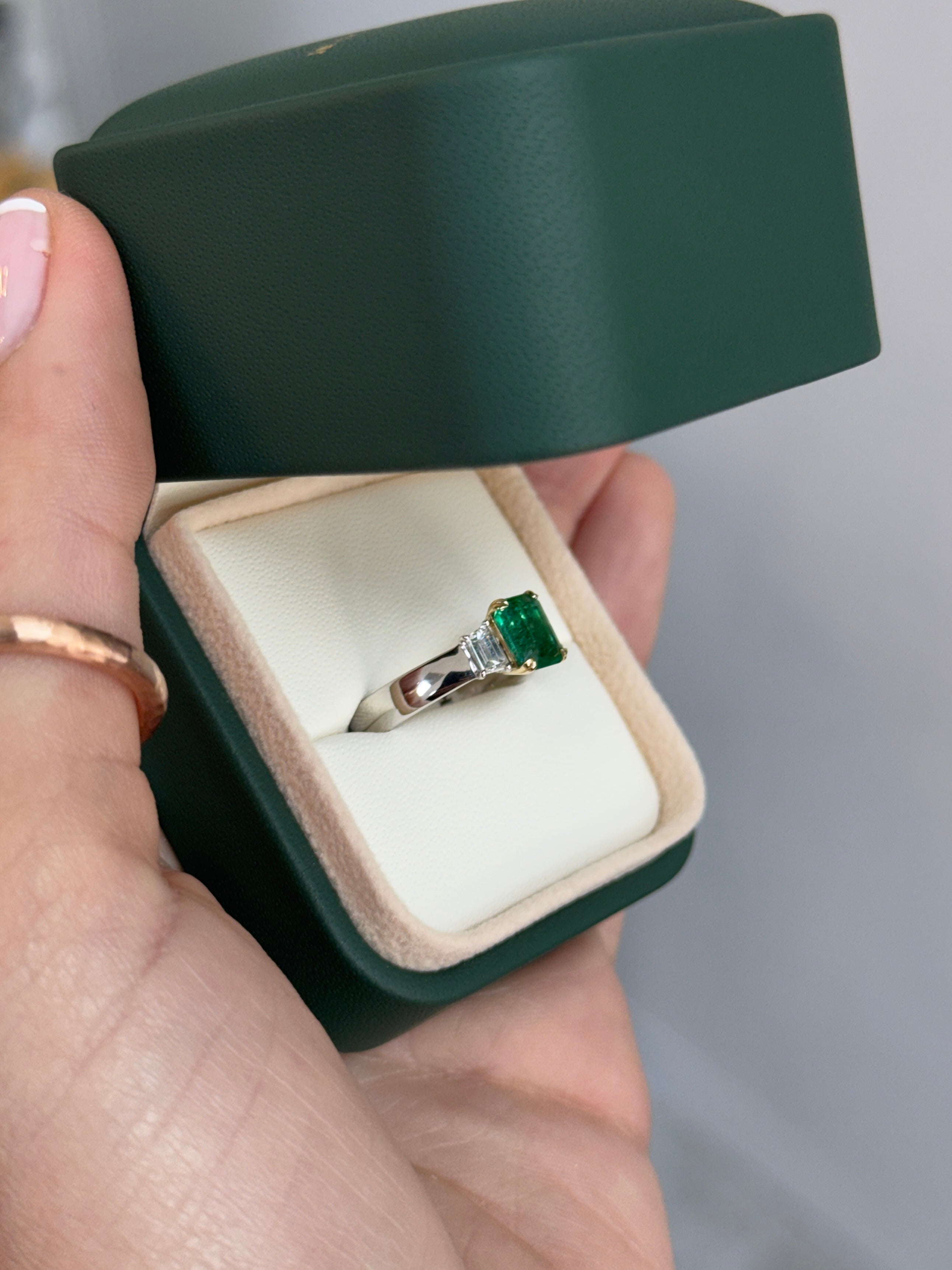 1.81tcw 14K PLAT Natural Emerald Cut Emerald & Trapezoid Diamond Three Stone Ring