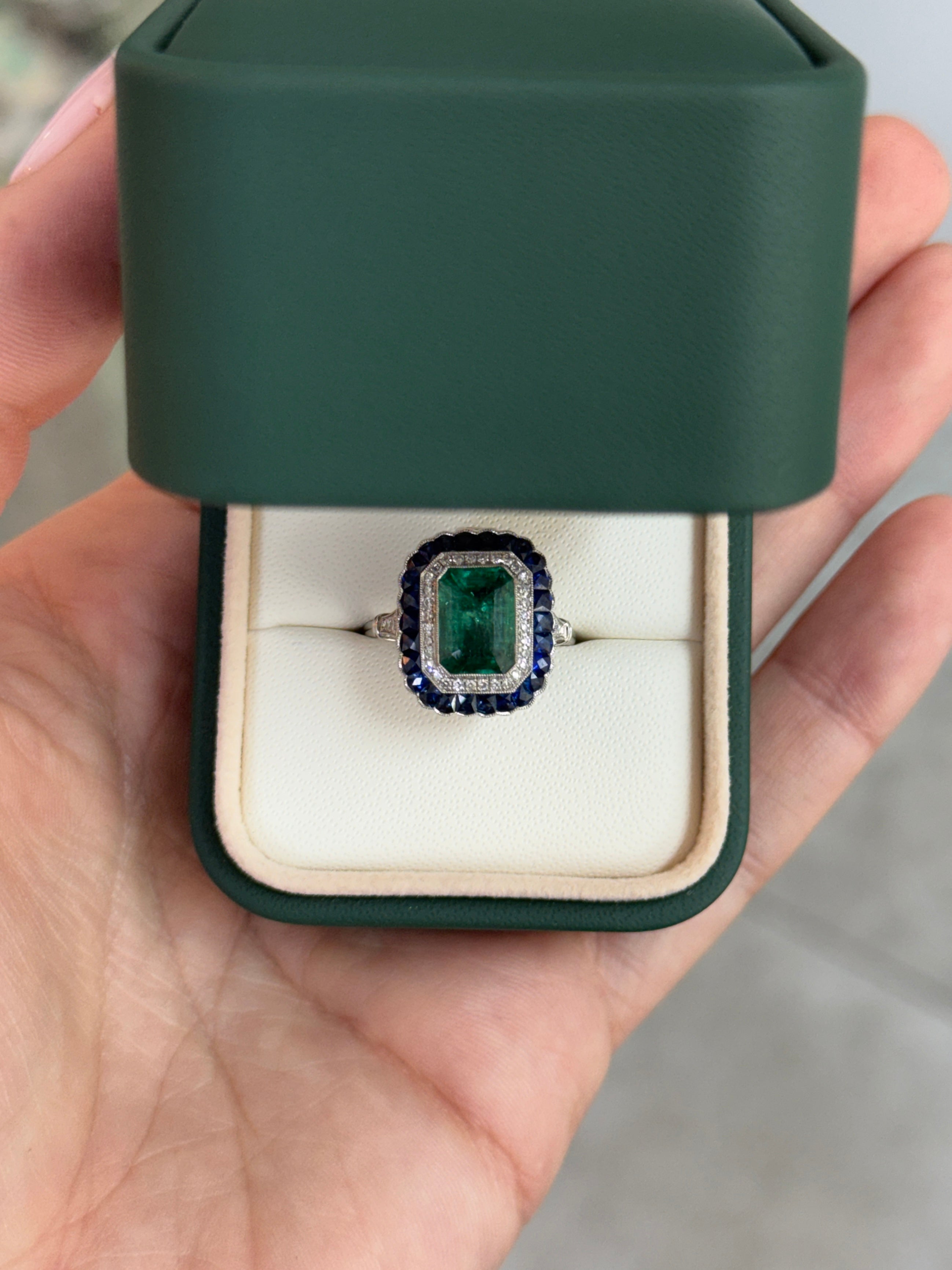 2.85tcw PLAT Natural Green Emerald Cut Emerald & Diamond/Half Moon Sapphire Double Halo Convertible 2 in 1 Ring Pendant