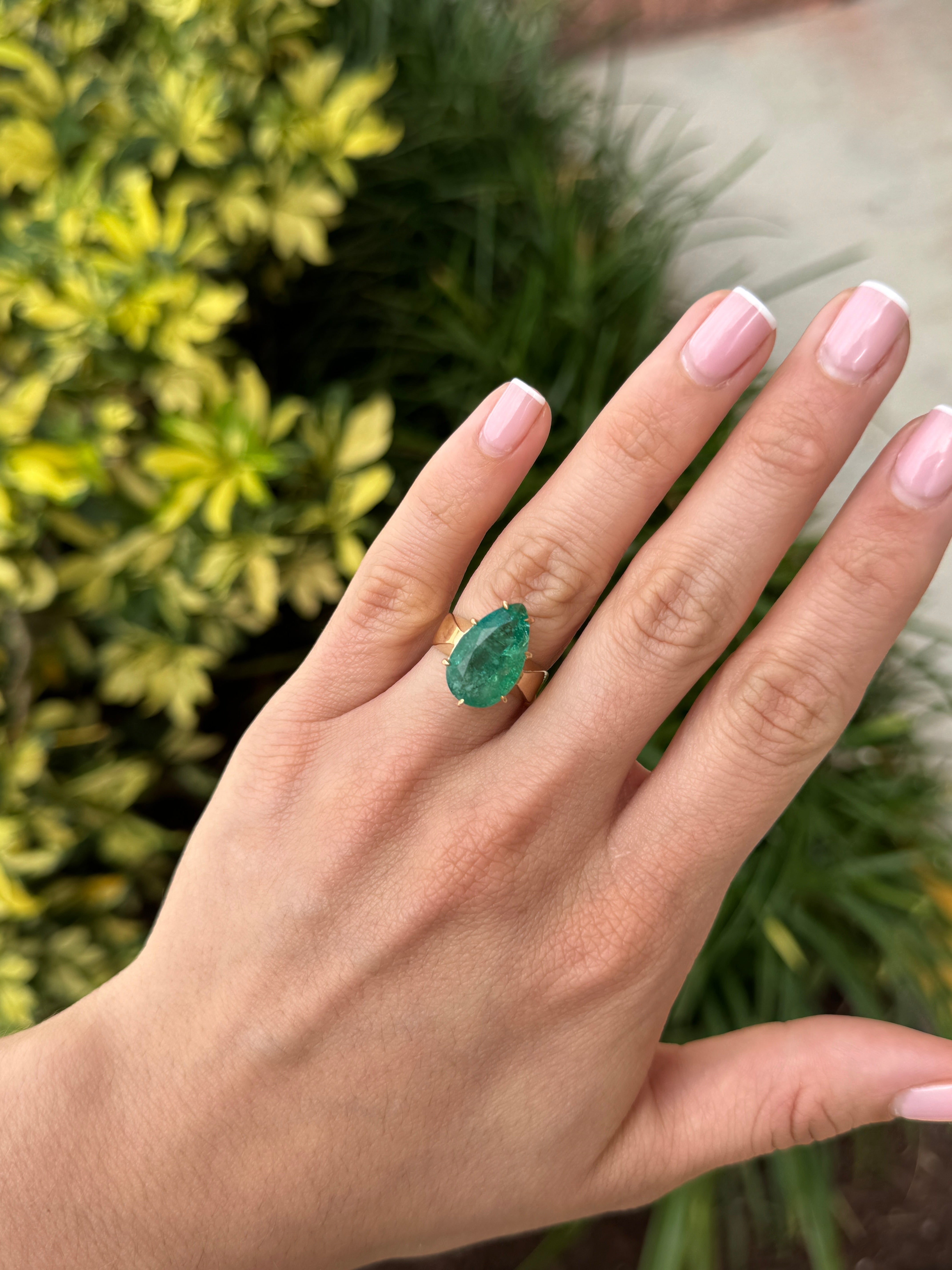 7.60 Carat Old World Pear Cut Emerald Wide Band Multi Prong Solitaire Ring 14K