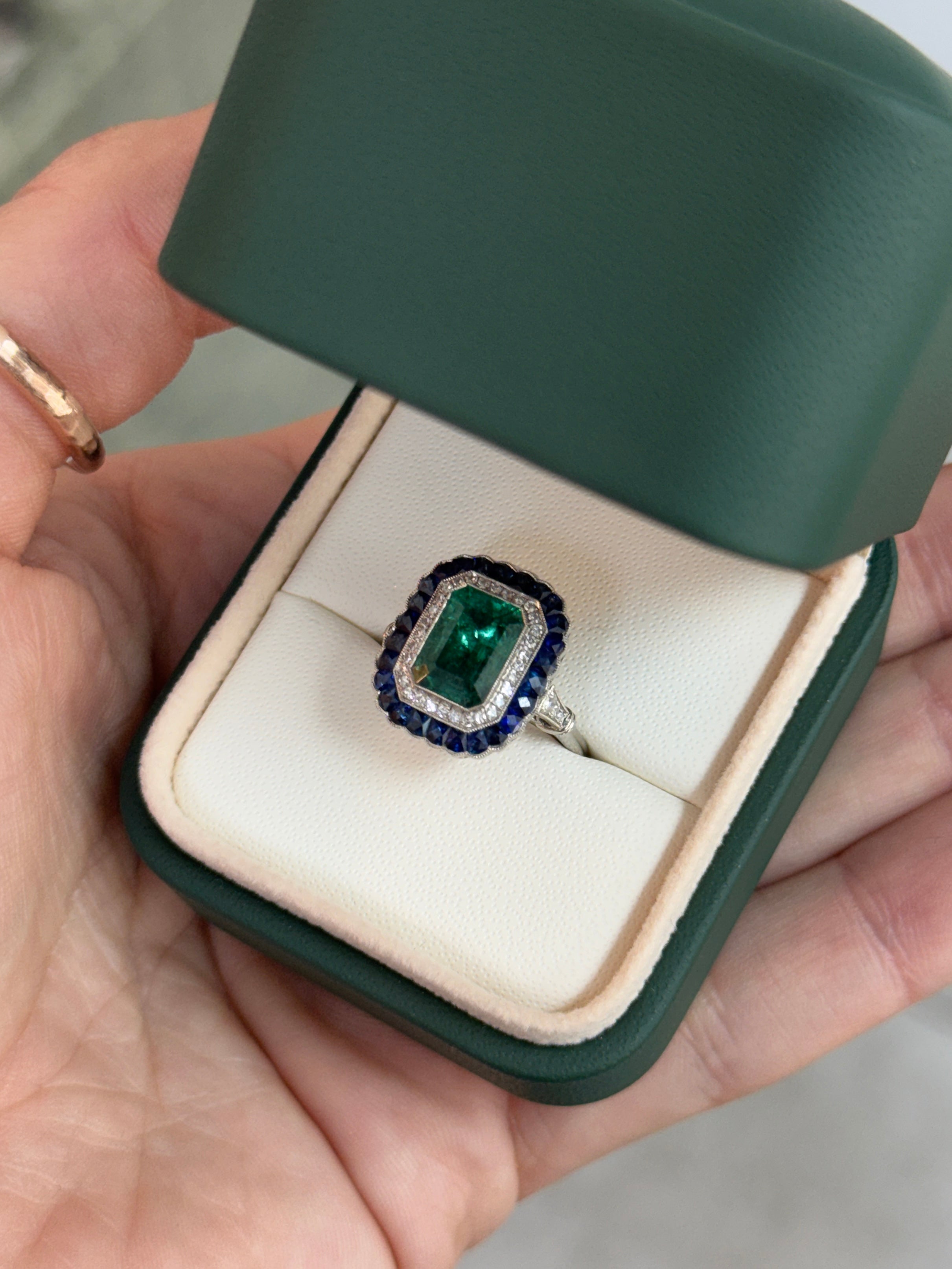 2.85tcw PLAT Natural Green Emerald Cut Emerald & Diamond/Half Moon Sapphire Double Halo Convertible 2 in 1 Ring Pendant