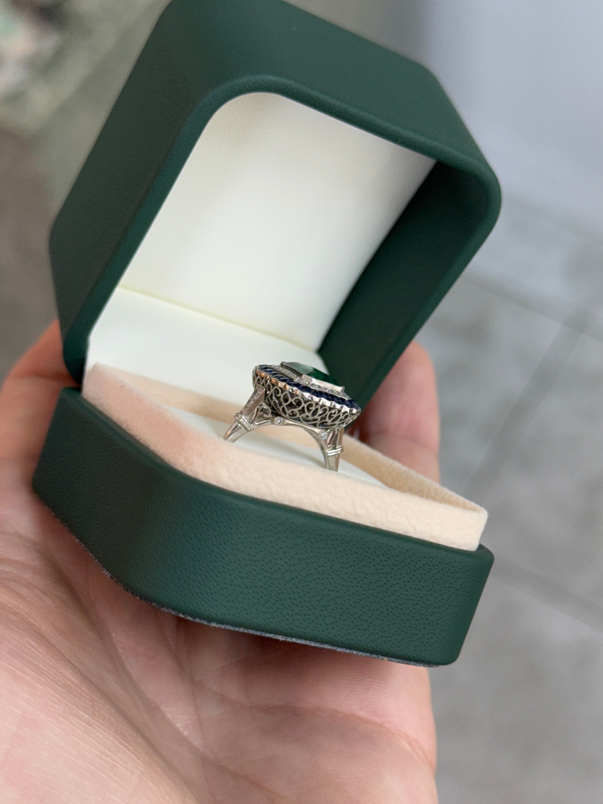 2.85tcw PLAT Natural Green Emerald Cut Emerald & Diamond/Half Moon Sapphire Double Halo Convertible 2 in 1 Ring Pendant