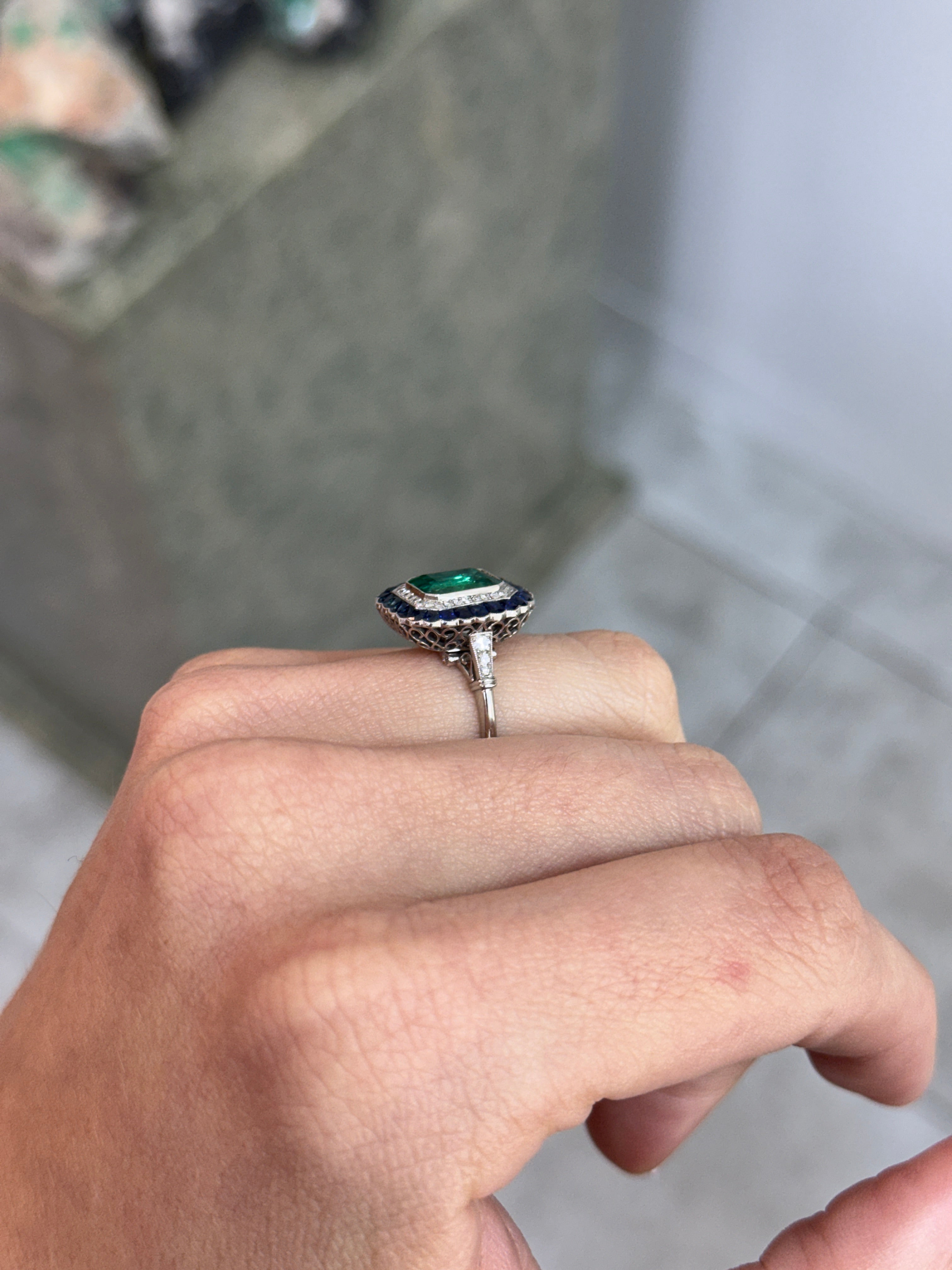 2.85tcw PLAT Natural Green Emerald Cut Emerald & Diamond/Half Moon Sapphire Double Halo Convertible 2 in 1 Ring Pendant