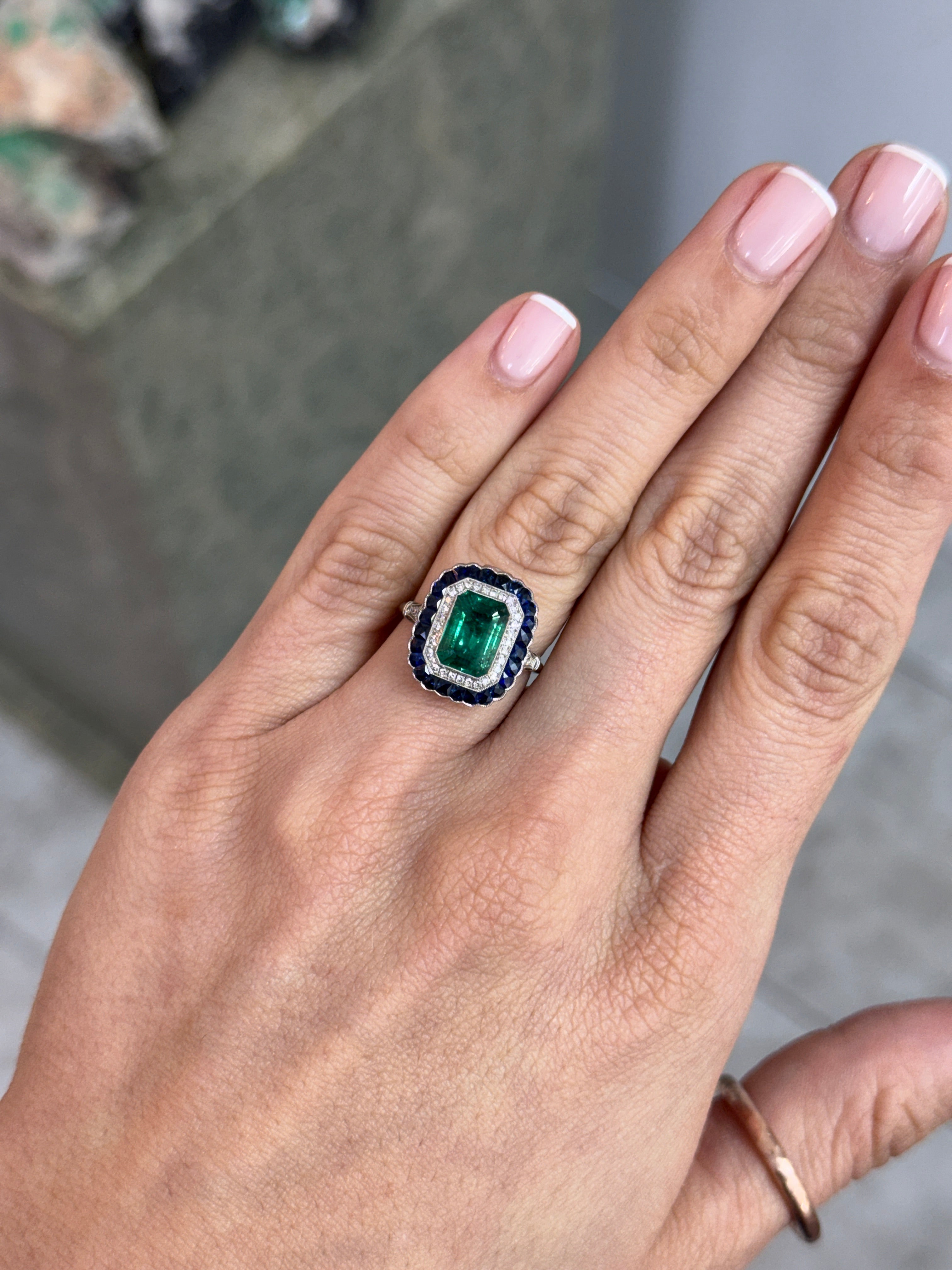 2.85tcw PLAT Natural Green Emerald Cut Emerald & Diamond/Half Moon Sapphire Double Halo Convertible 2 in 1 Ring Pendant