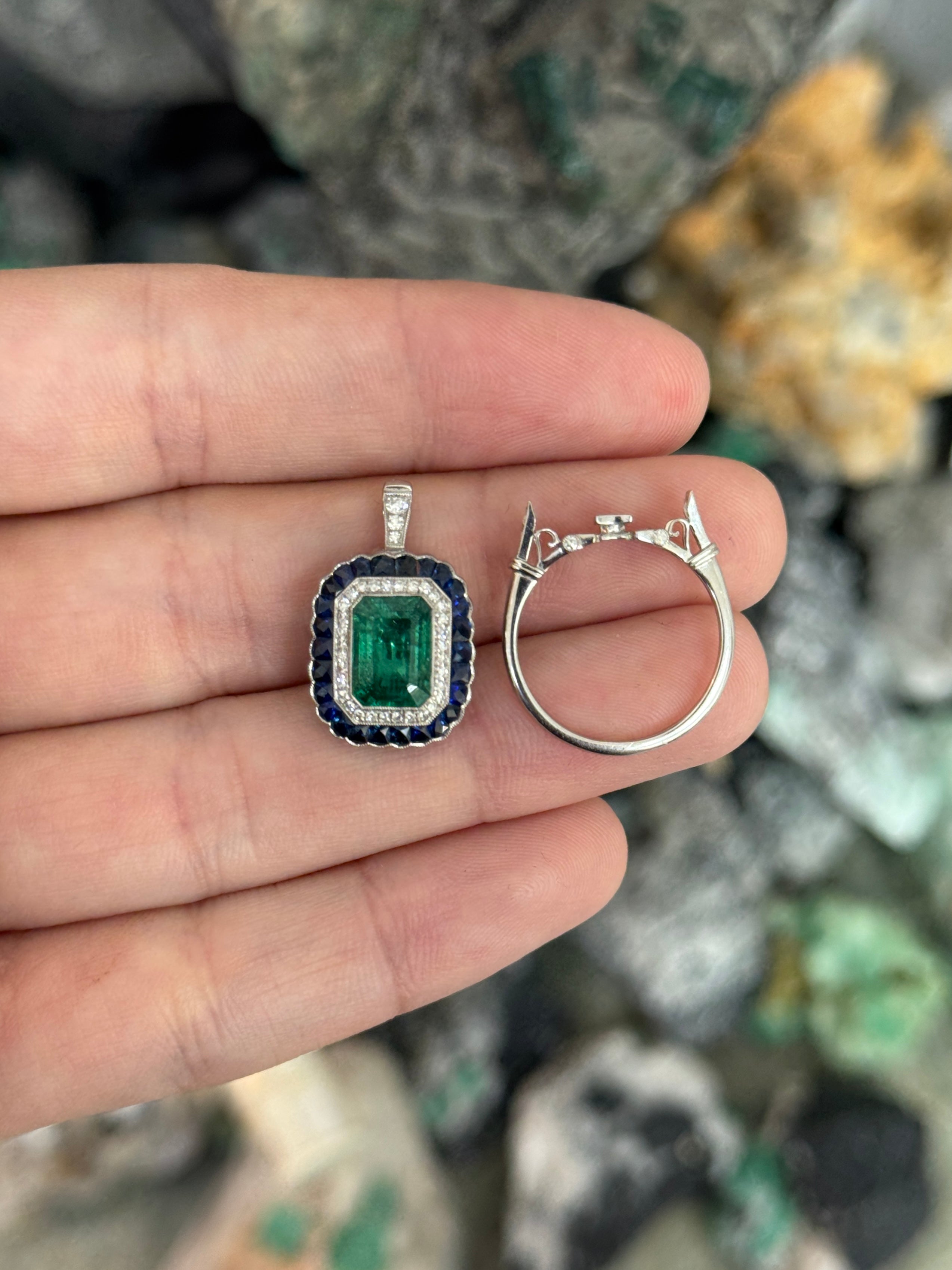 2.85tcw PLAT Natural Green Emerald Cut Emerald & Diamond/Half Moon Sapphire Double Halo Convertible 2 in 1 Ring Pendant