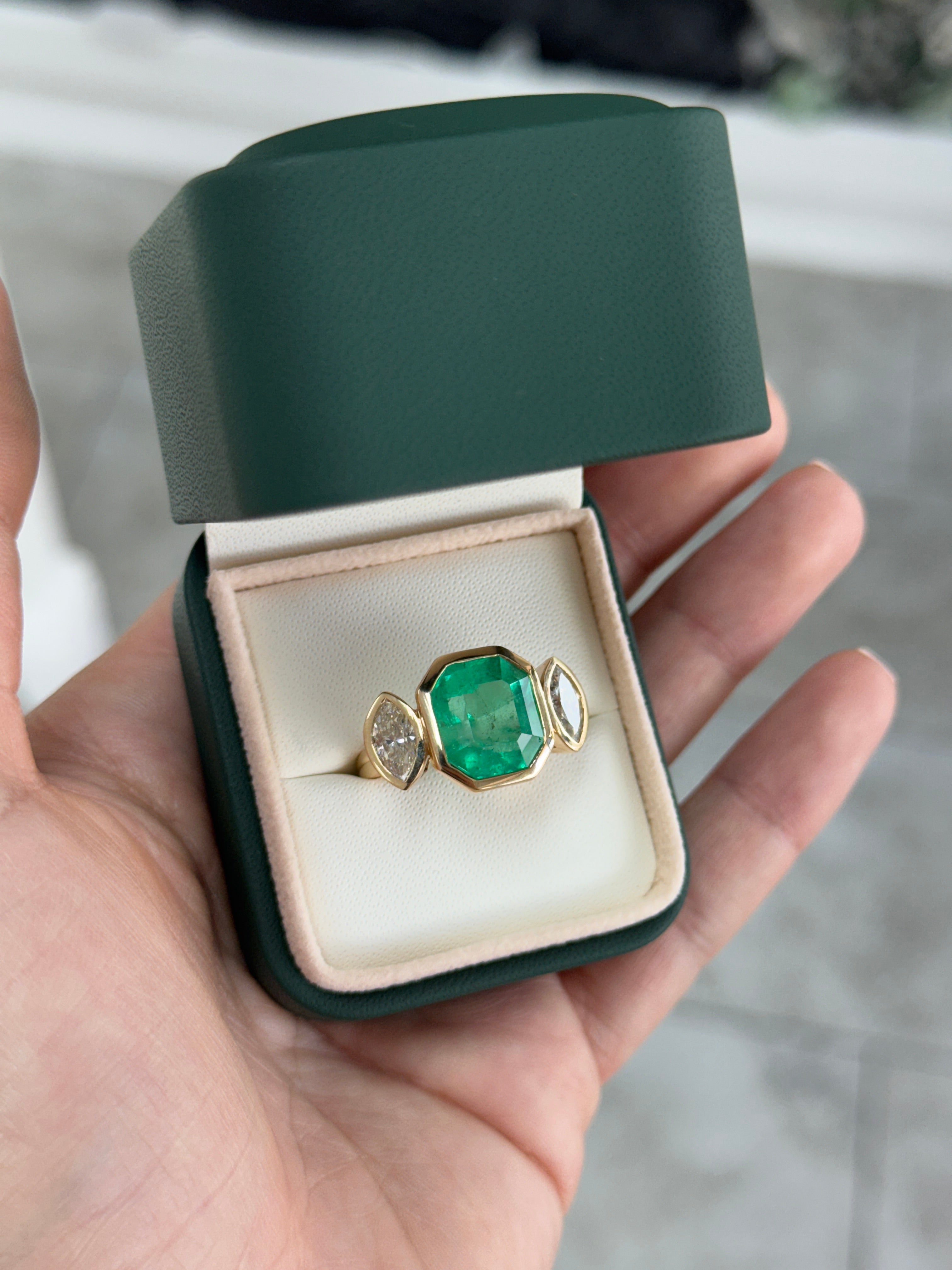 9.66tcw Emerald Cut Colombian Emerald & Marquise Diamond Bezel Triliogy 18K