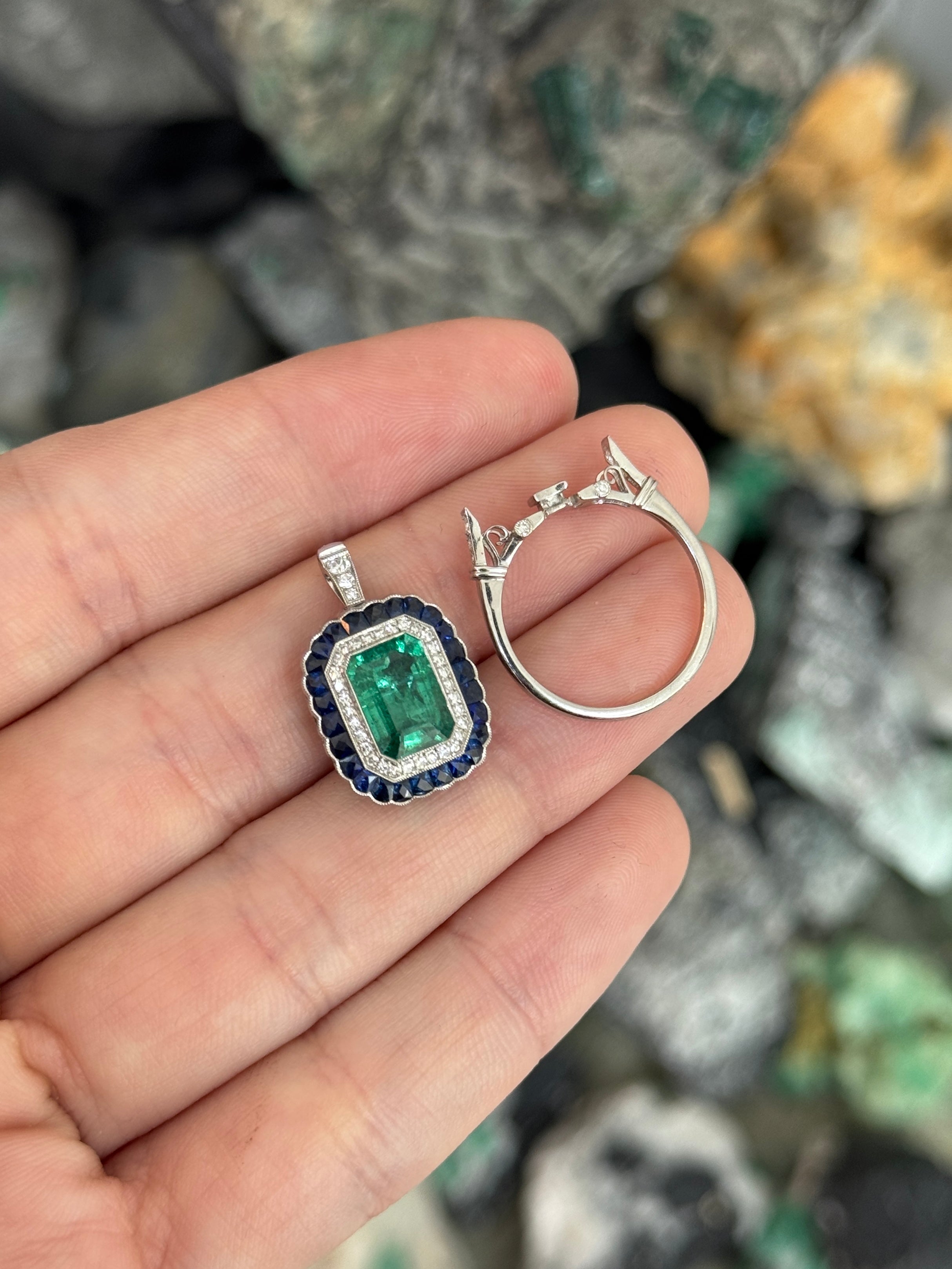 2.85tcw PLAT Natural Green Emerald Cut Emerald & Diamond/Half Moon Sapphire Double Halo Convertible 2 in 1 Ring Pendant