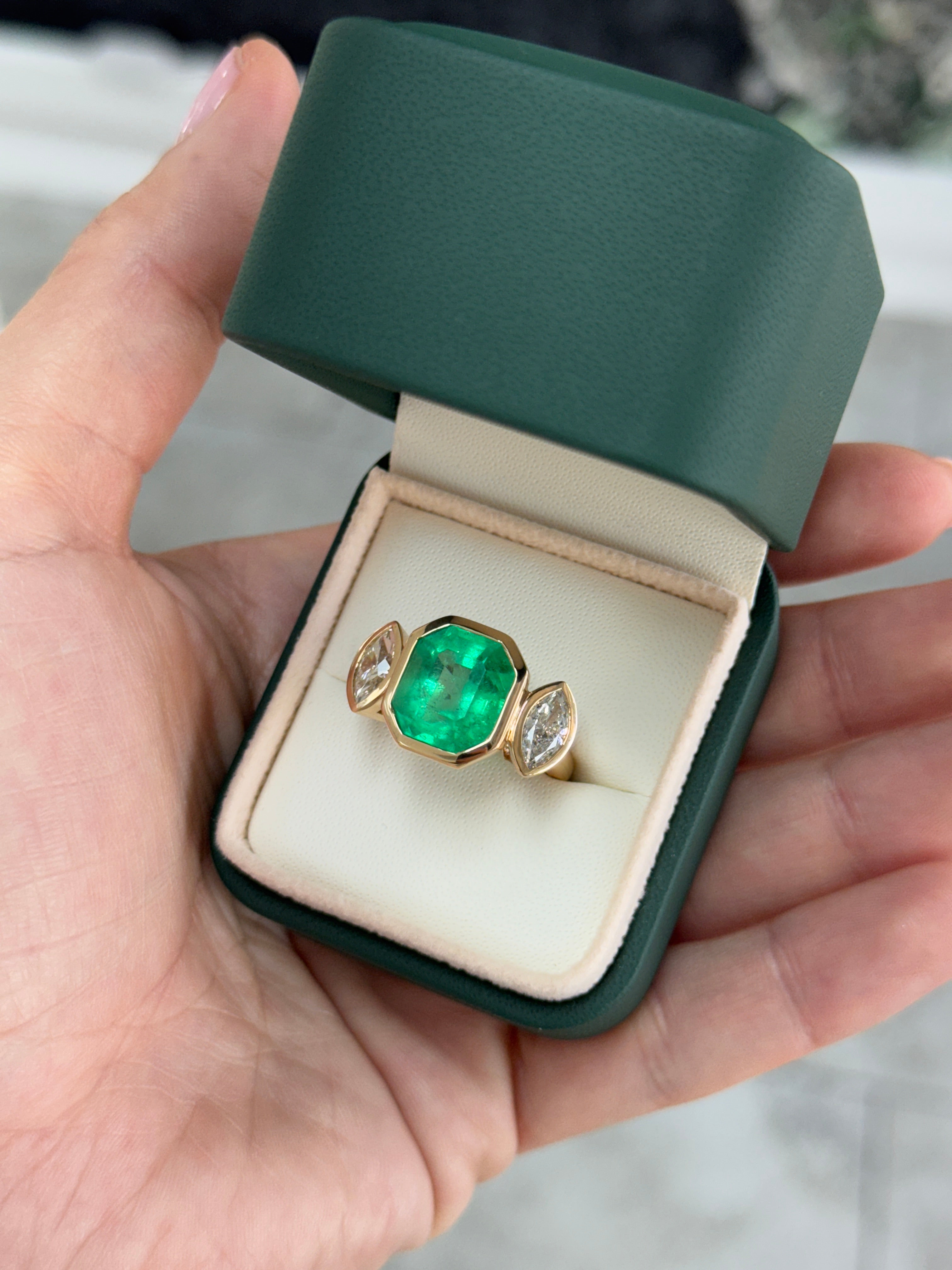 9.66tcw Emerald Cut Colombian Emerald & Marquise Diamond Bezel Triliogy 18K