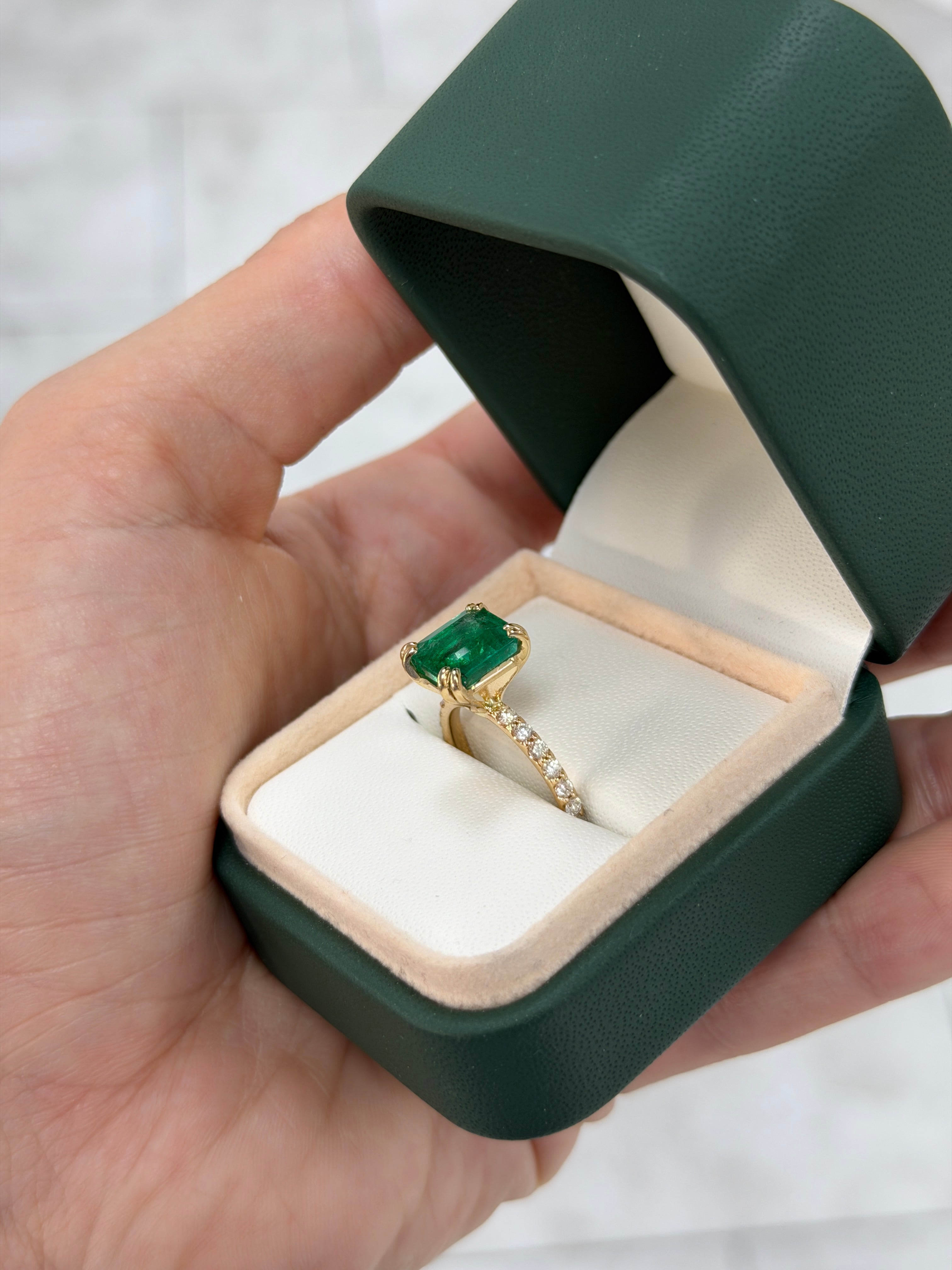 3.47 Double Prong Emerald Solitaire & Diamond Accent Engagement Ring 14K