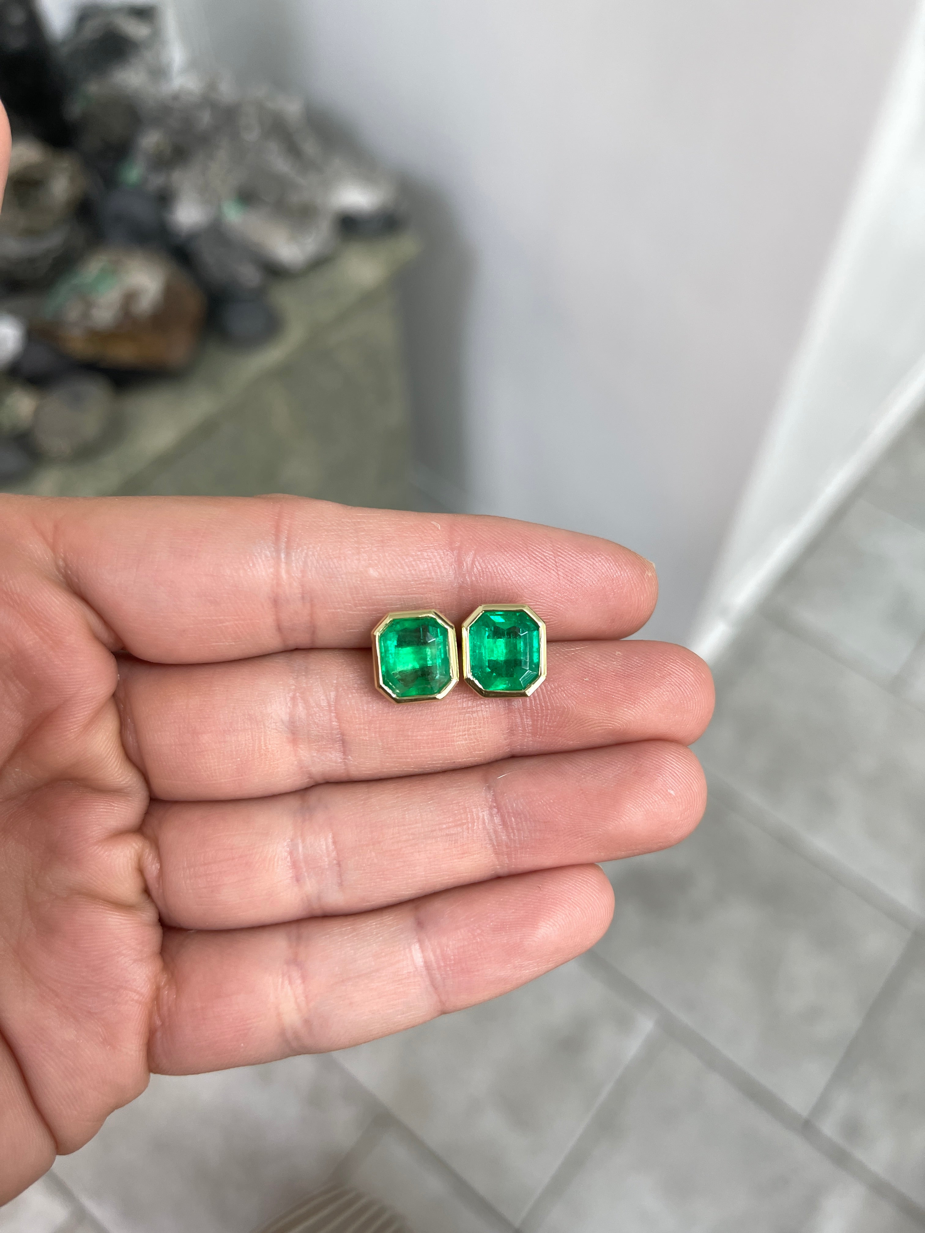 6.23TCW Chunky Emerald Cut Colombian Emerald Bezel Statement Earrings 14K - JR Colombian Emeralds