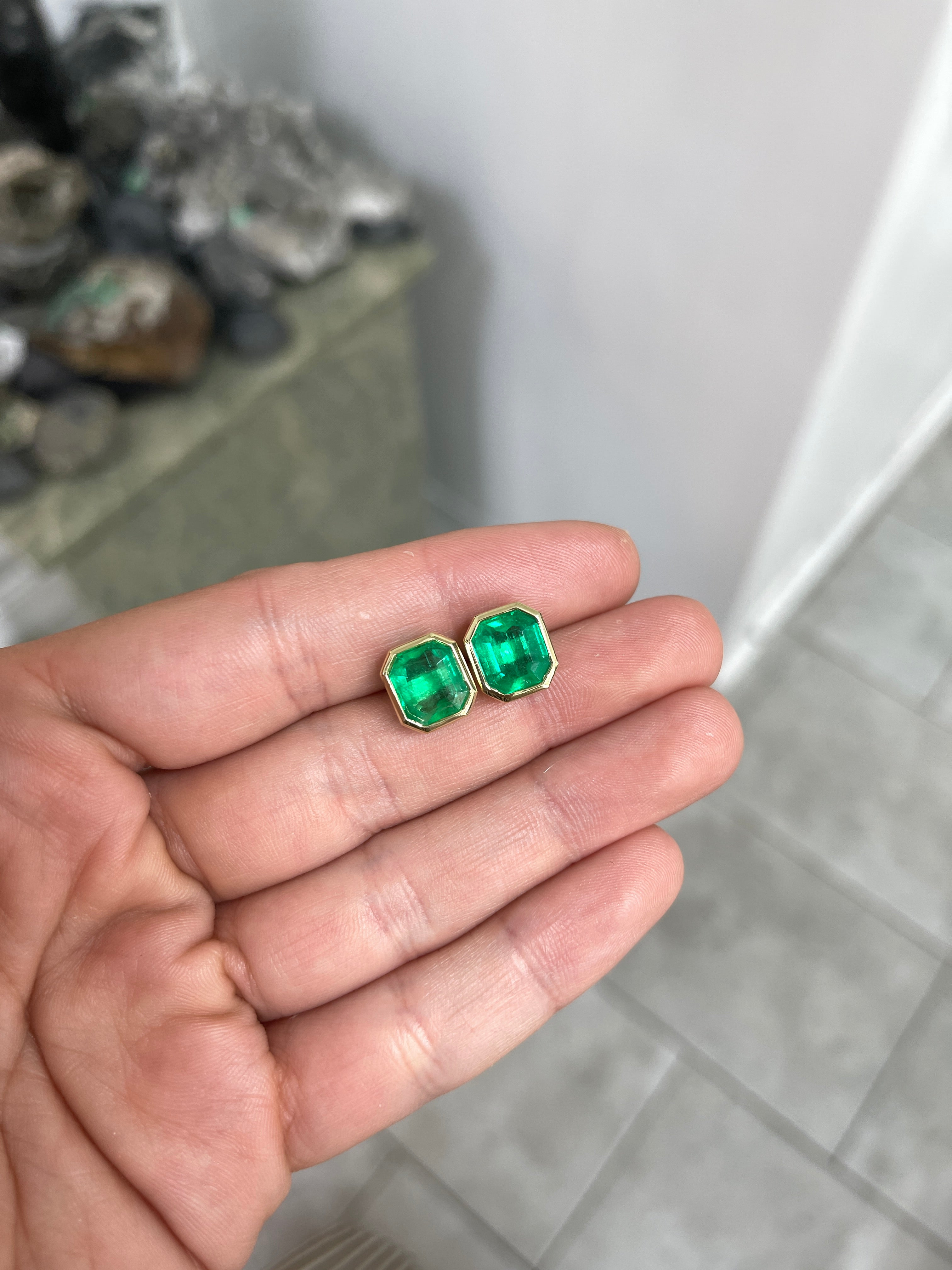 6.23TCW Chunky Emerald Cut Colombian Emerald Bezel Statement Earrings 14K - JR Colombian Emeralds