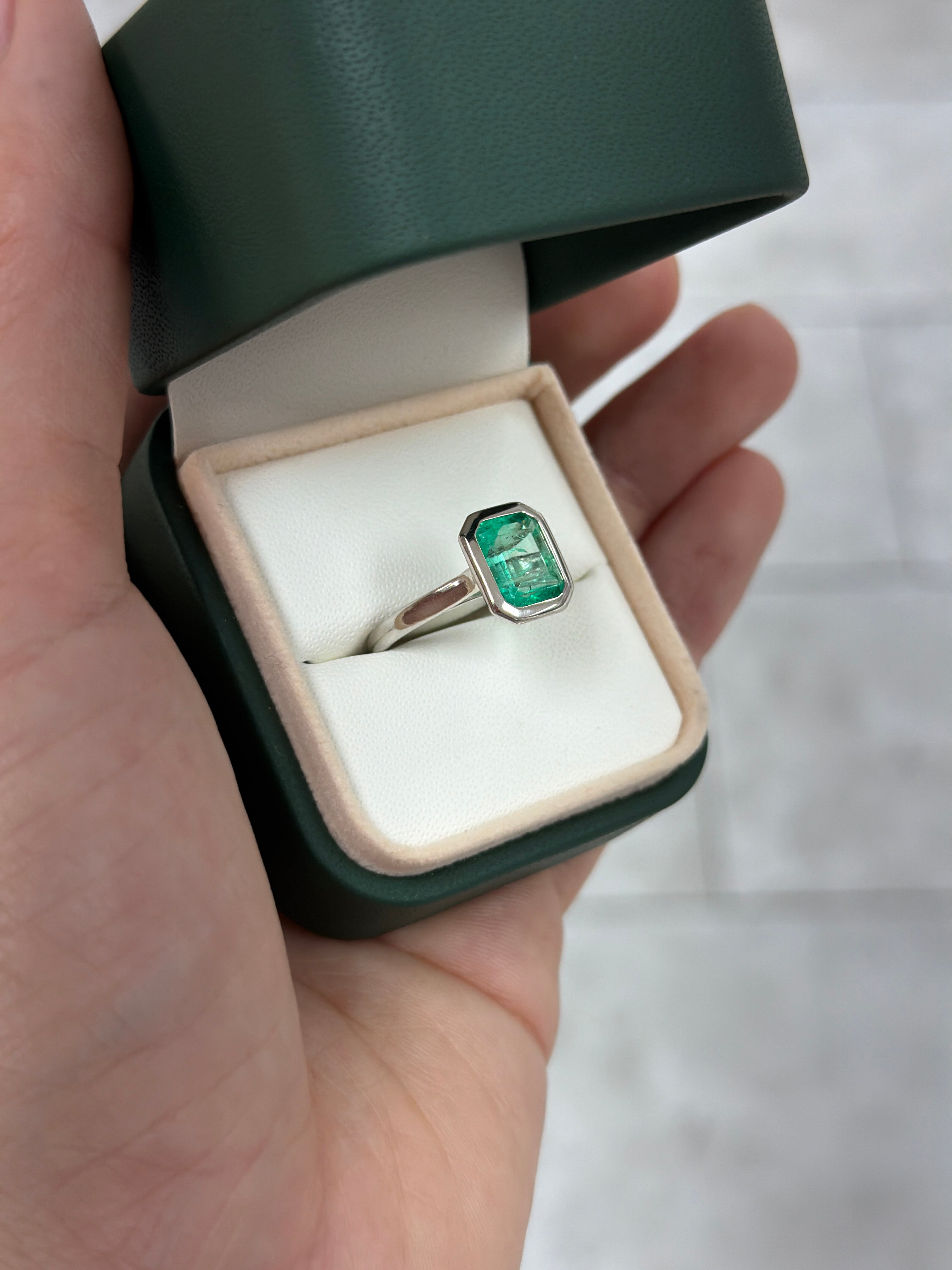 3.46ct 18K Chivor Colombian Emerald Bezel Set Emerald Solitaire White Gold Ring
