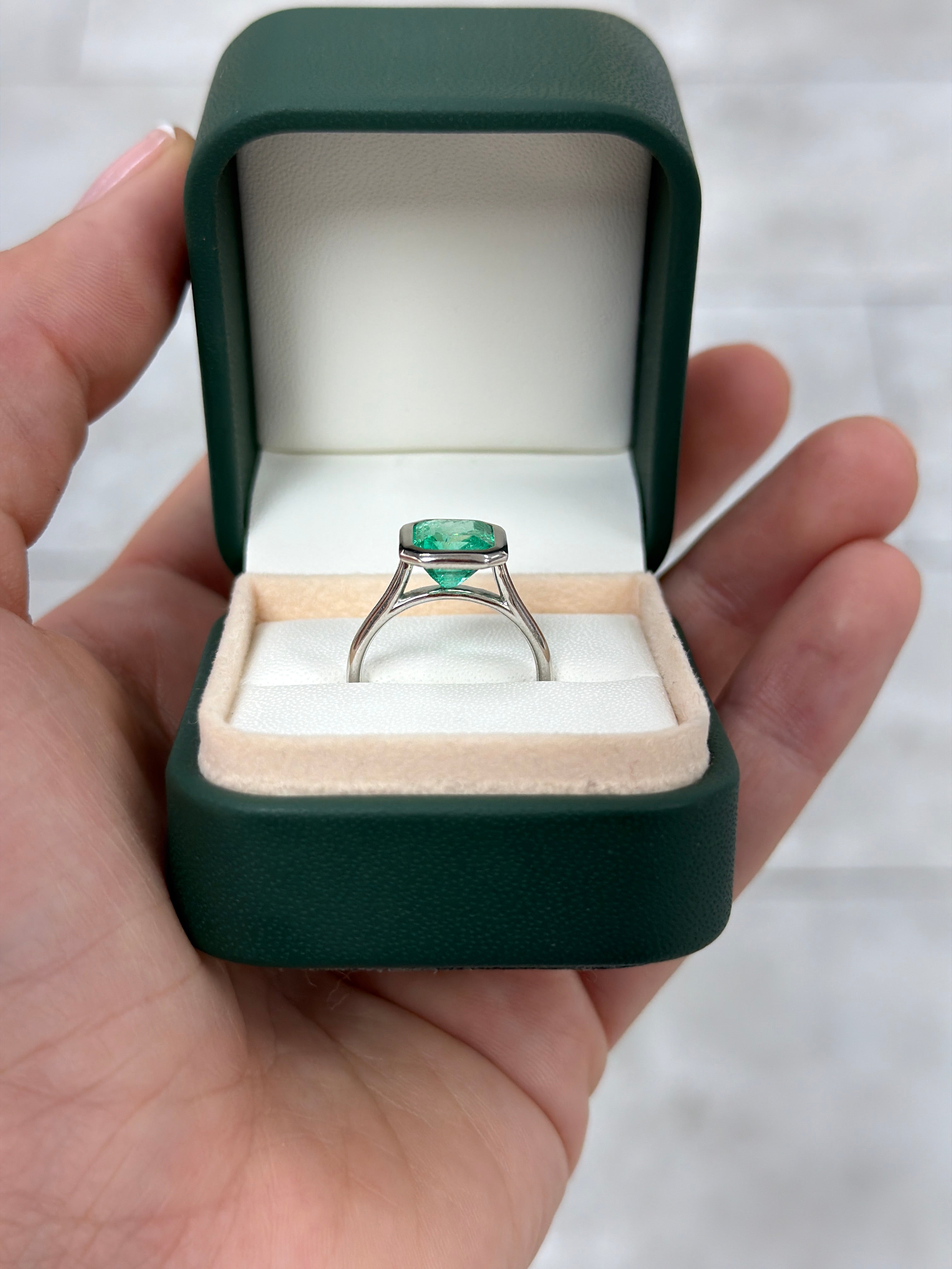 3.46ct 18K Chivor Colombian Emerald Bezel Set Emerald Solitaire White Gold Ring