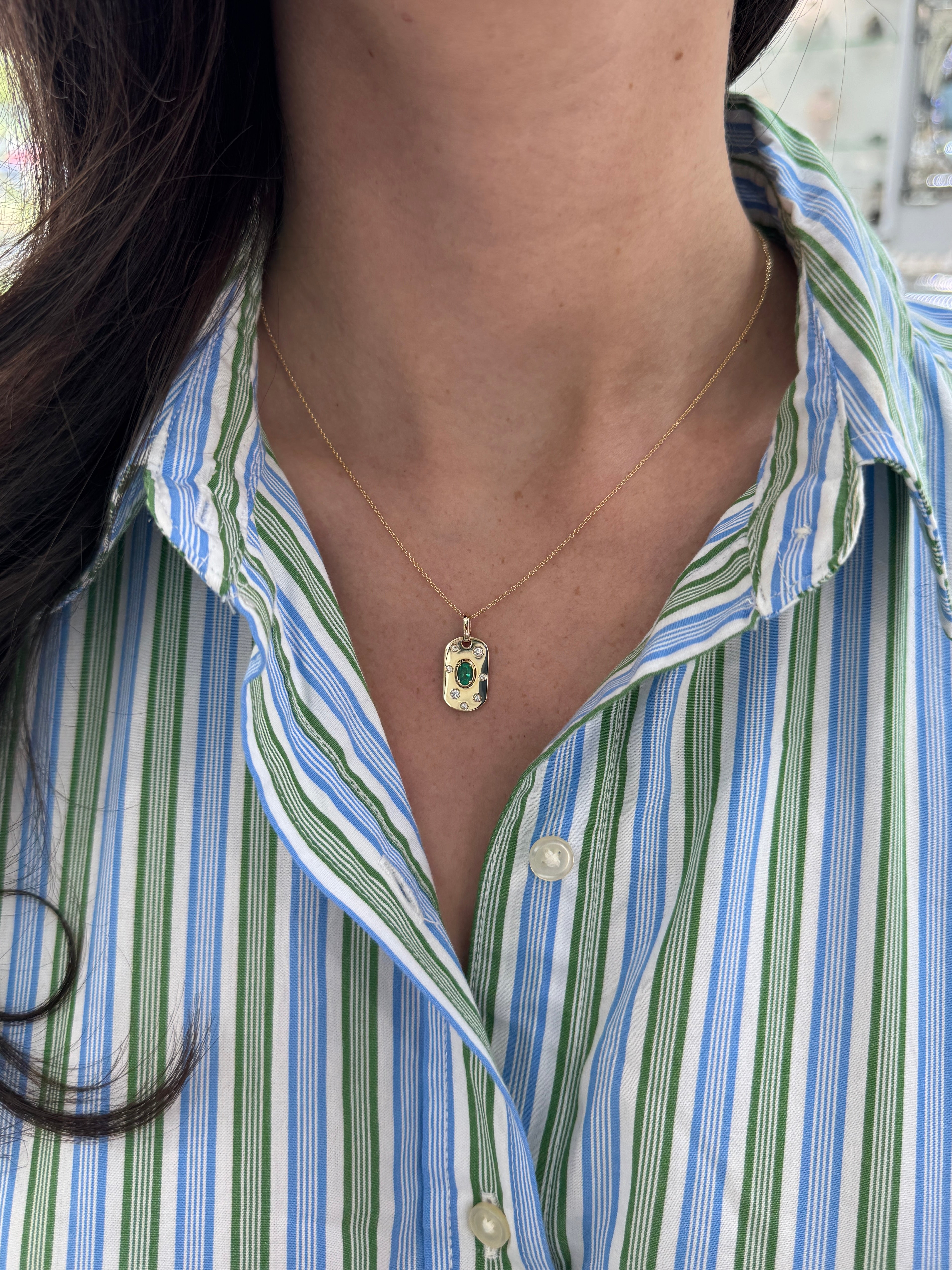 14K Natural Oval Cut Emerald & Diamond Dog Tag Pendant