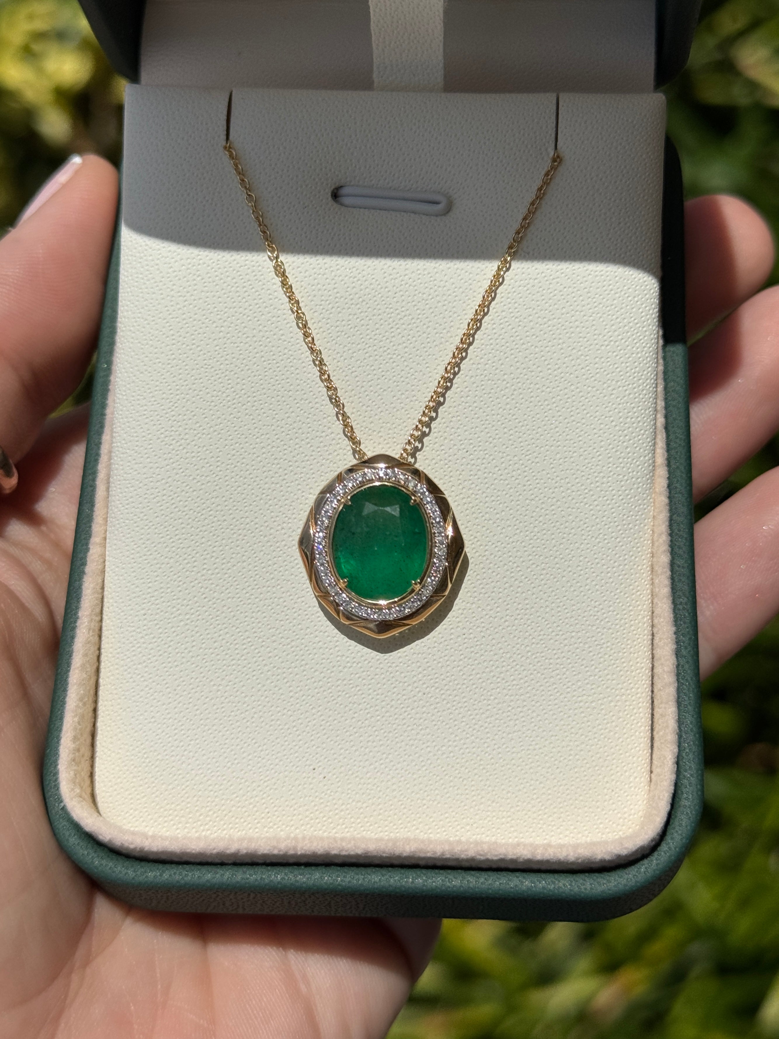 4.66tcw 14K Large Deep Green Oval Cut Emerald & Diamond Halo Medallion