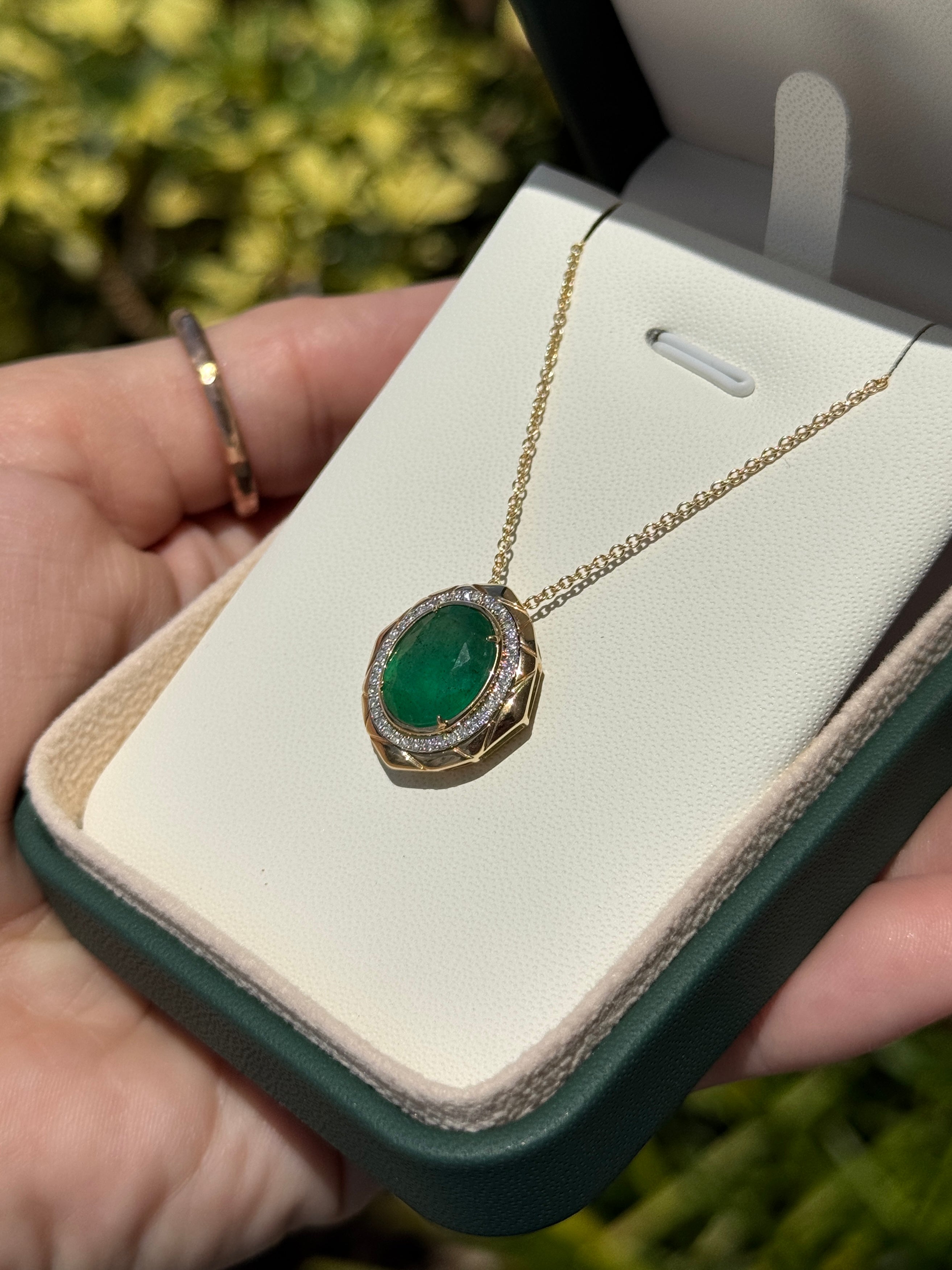 4.66tcw 14K Large Deep Green Oval Cut Emerald & Diamond Halo Medallion