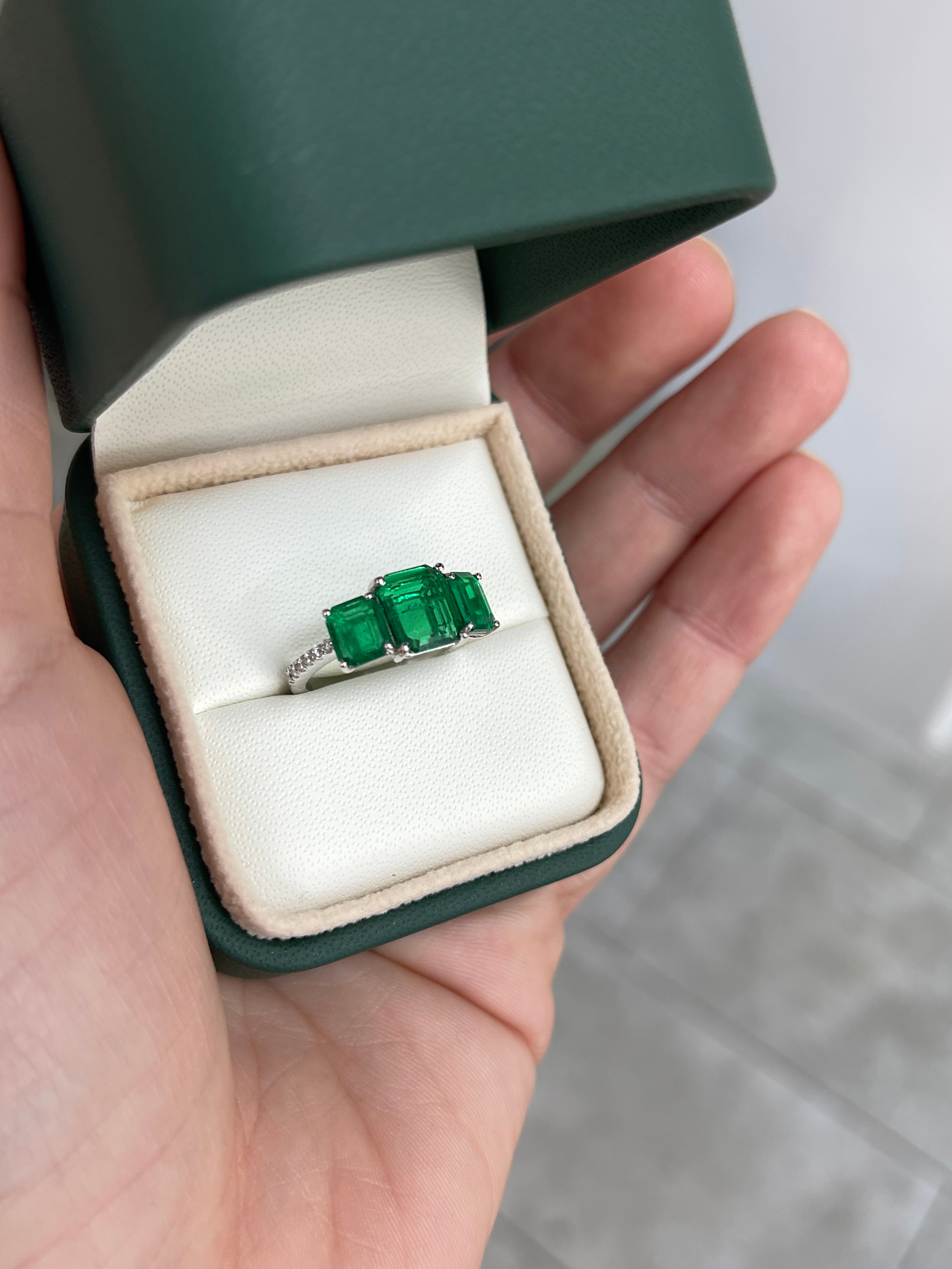 2.39tcw AAA+ Rare Find: Three Stone Asscher Cut Emerald and Diamond Ring 18K White Gold - JR Colombian Emeralds