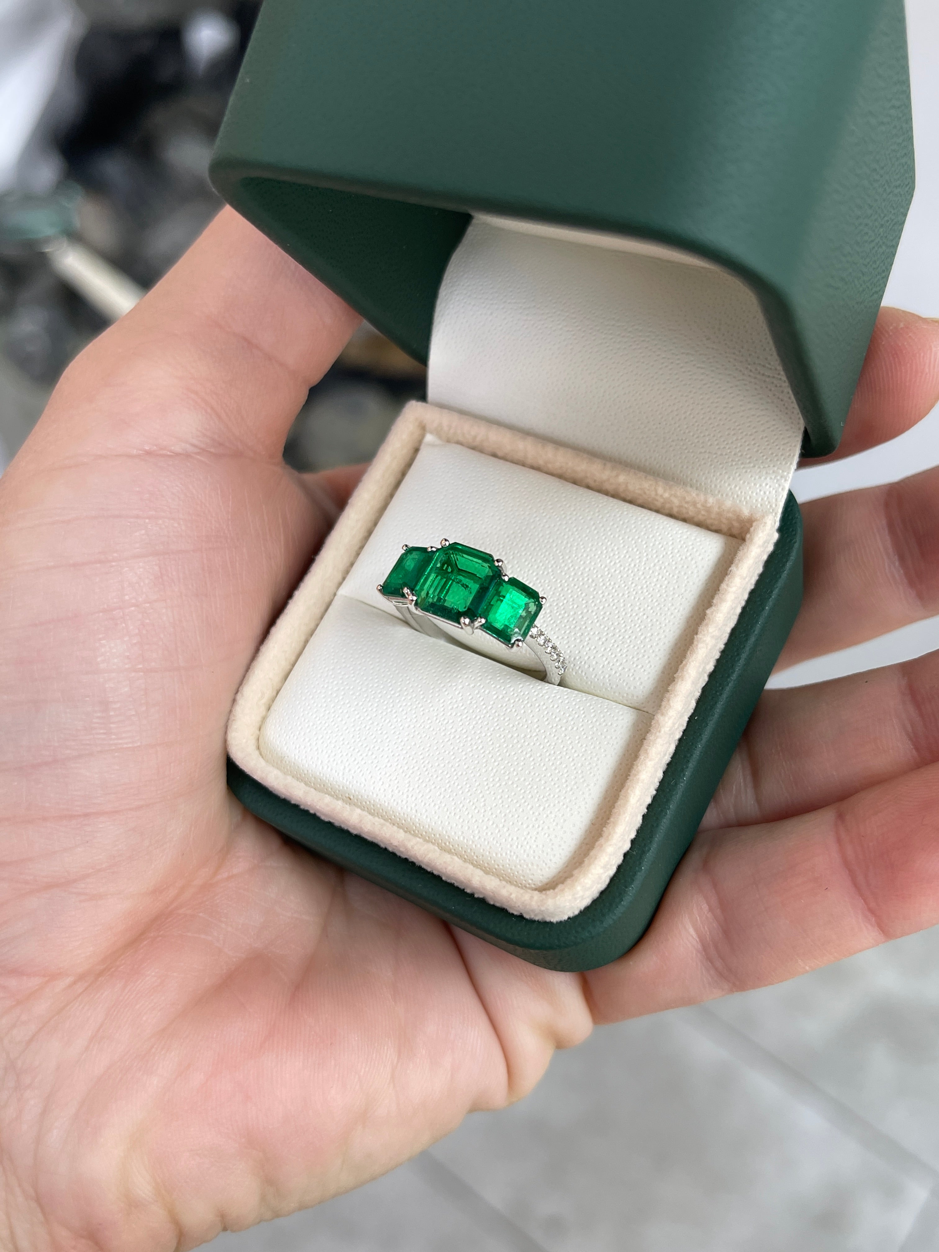 2.39tcw AAA+ Rare Find: Three Stone Asscher Cut Emerald and Diamond Ring 18K White Gold - JR Colombian Emeralds