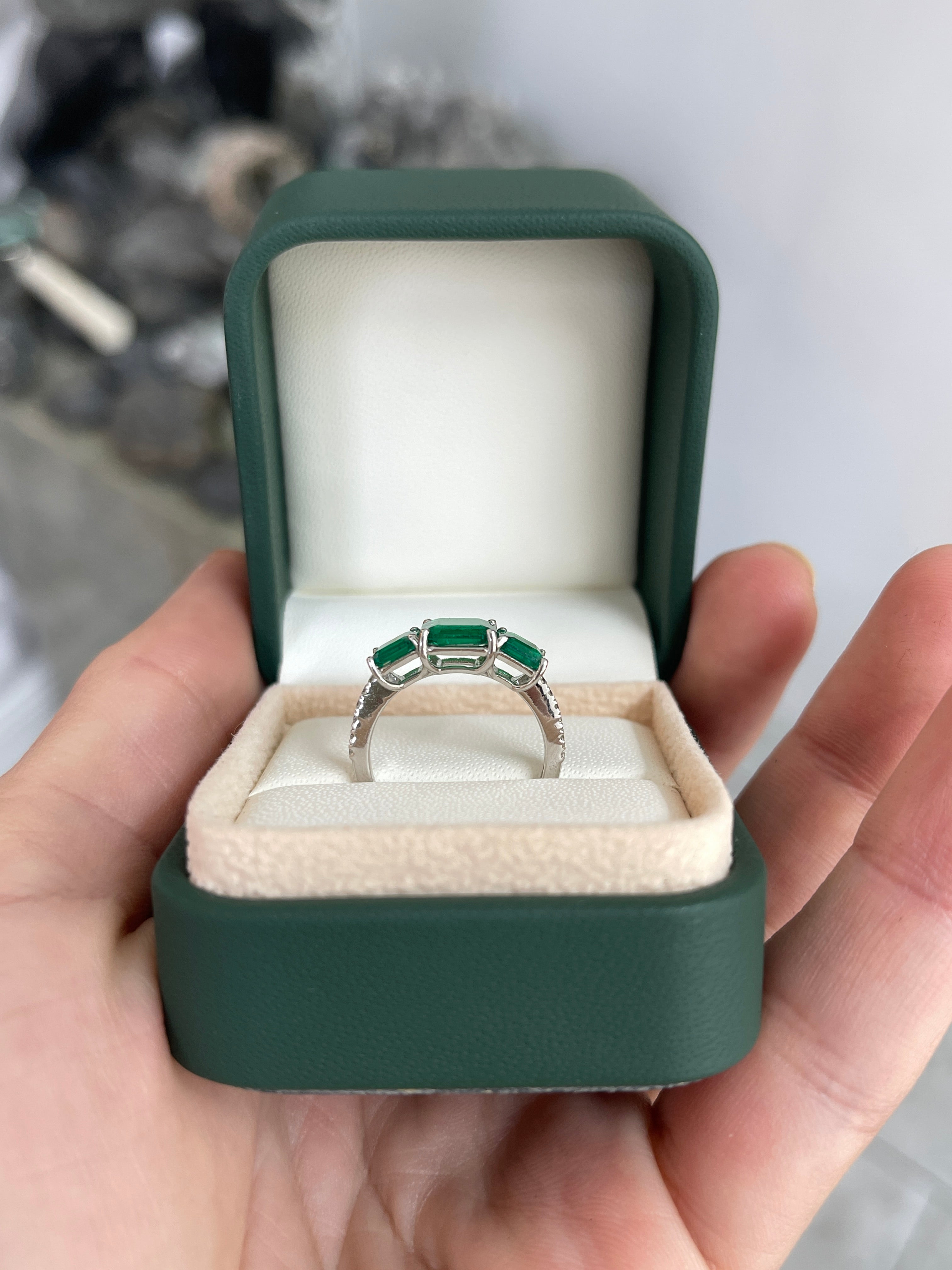 2.39tcw AAA+ Rare Find: Three Stone Asscher Cut Emerald and Diamond Ring 18K White Gold - JR Colombian Emeralds