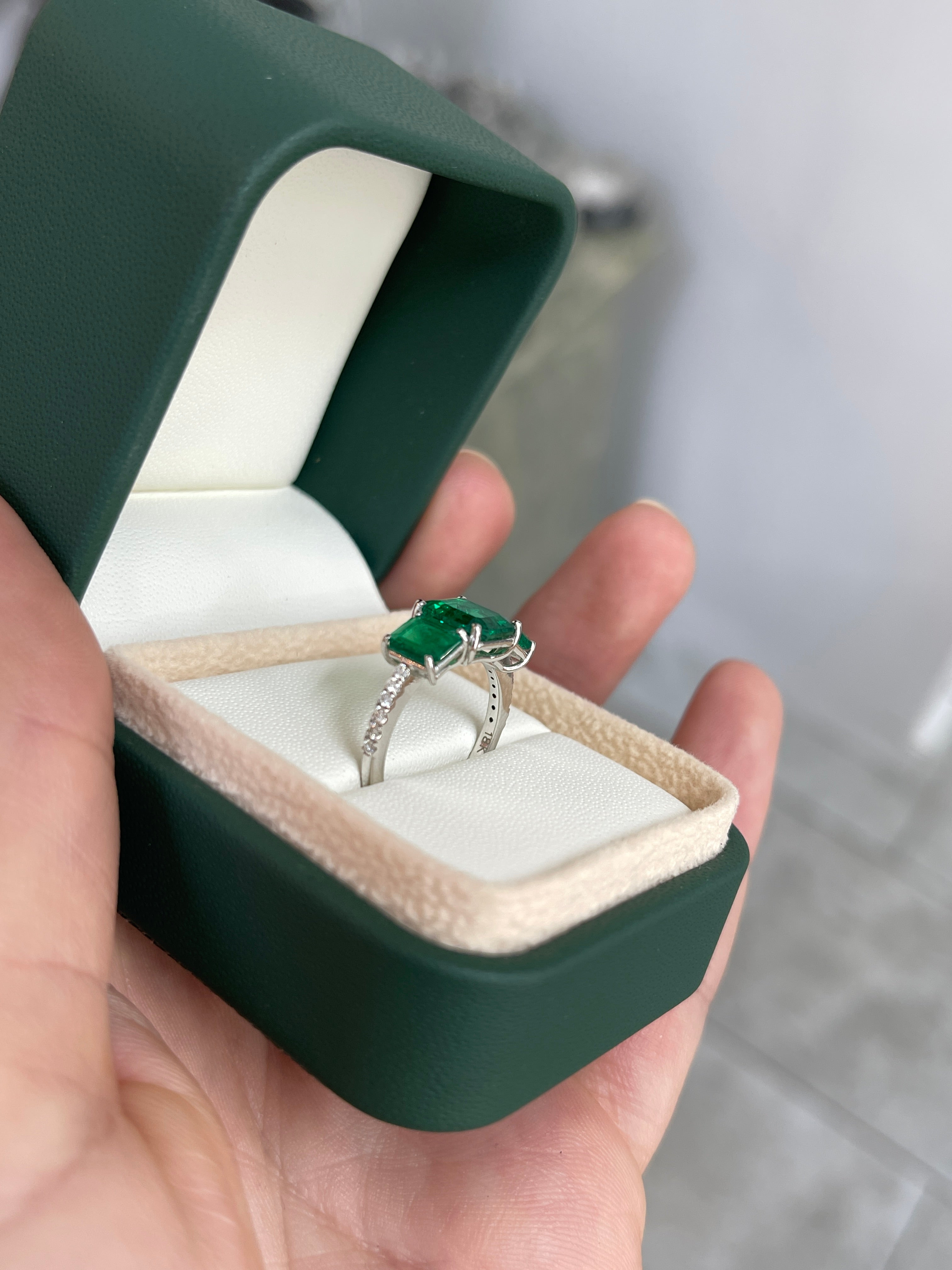 2.39tcw AAA+ Rare Find: Three Stone Asscher Cut Emerald and Diamond Ring 18K White Gold - JR Colombian Emeralds