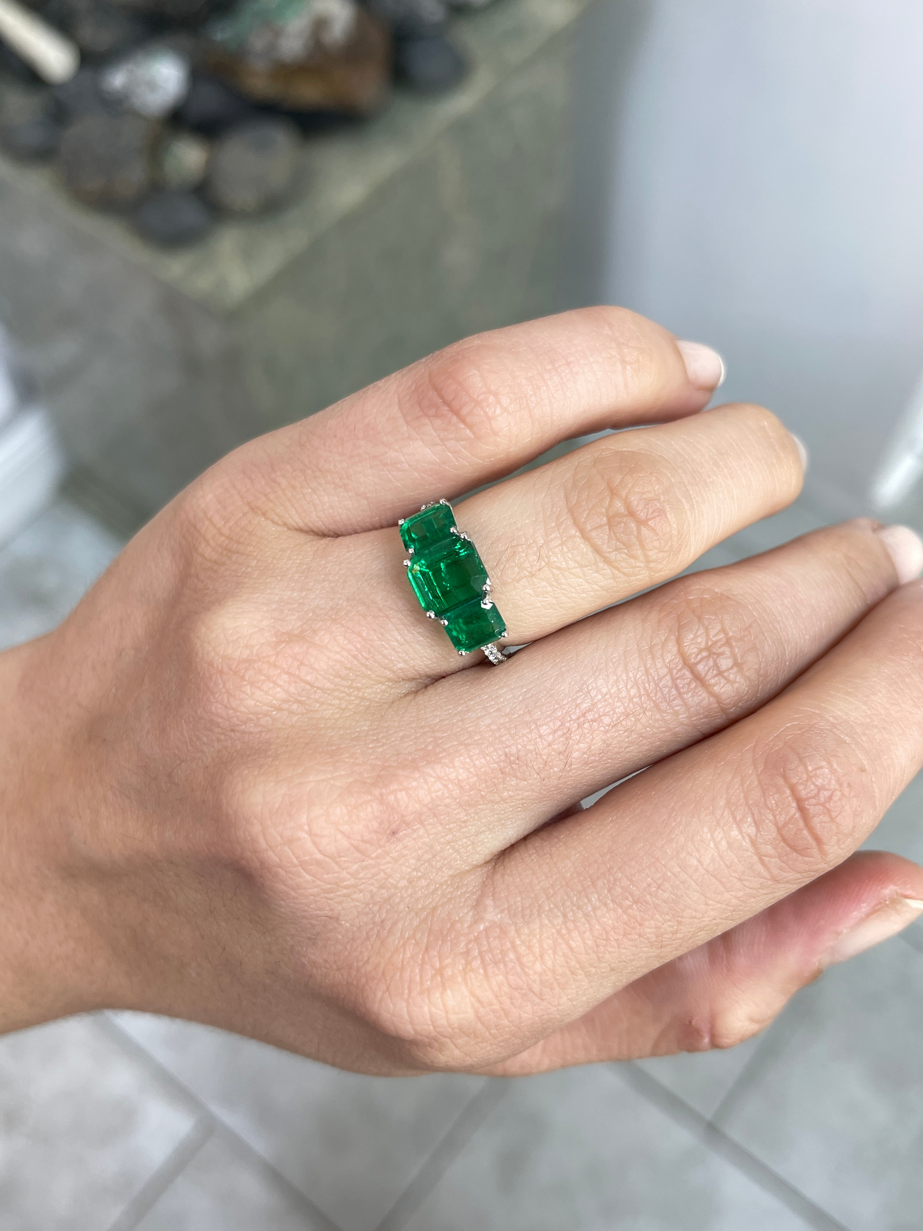 2.39tcw AAA+ Rare Find: Three Stone Asscher Cut Emerald and Diamond Ring 18K White Gold - JR Colombian Emeralds