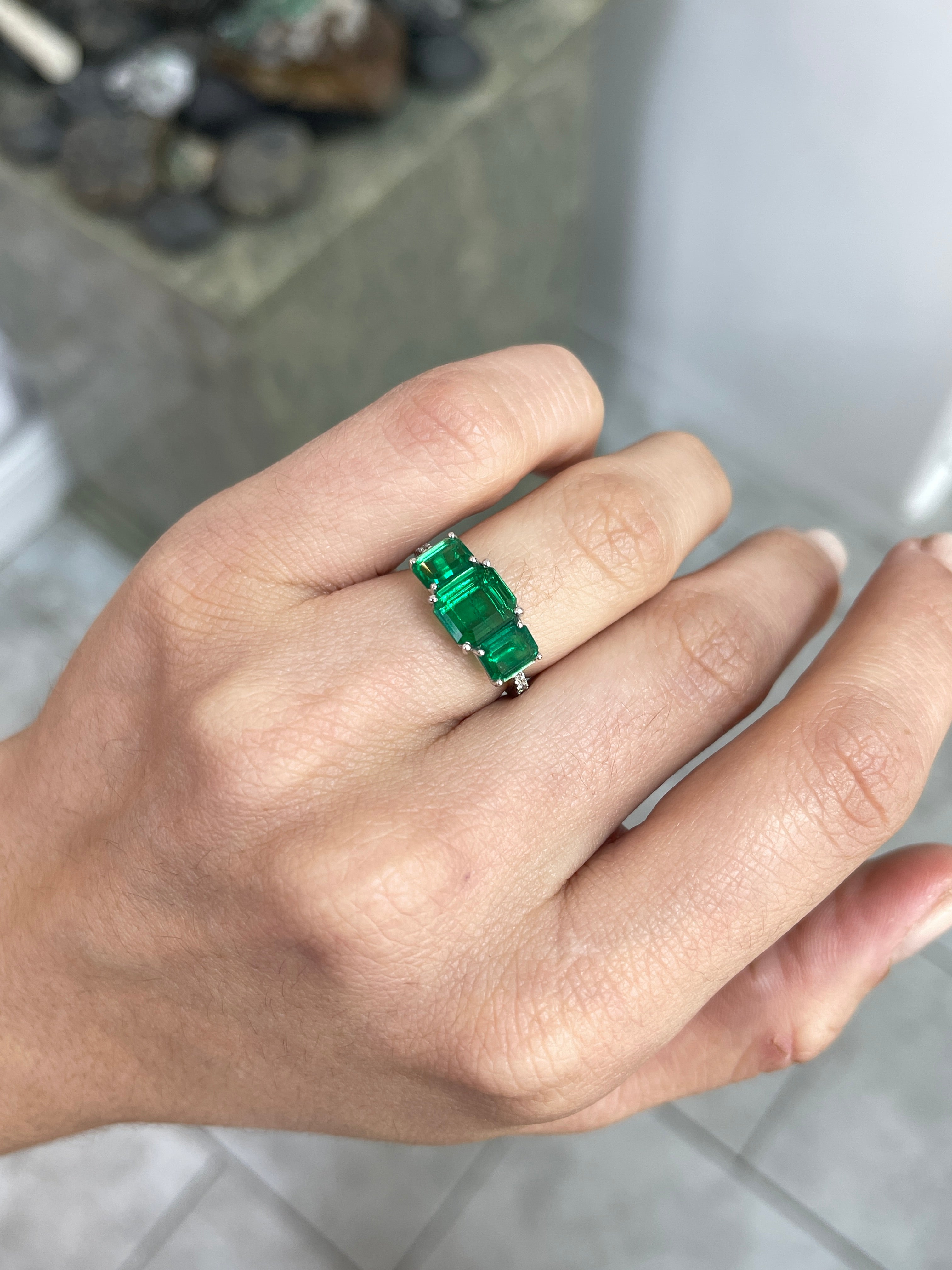 2.39tcw AAA+ Rare Find: Three Stone Asscher Cut Emerald and Diamond Ring 18K White Gold - JR Colombian Emeralds