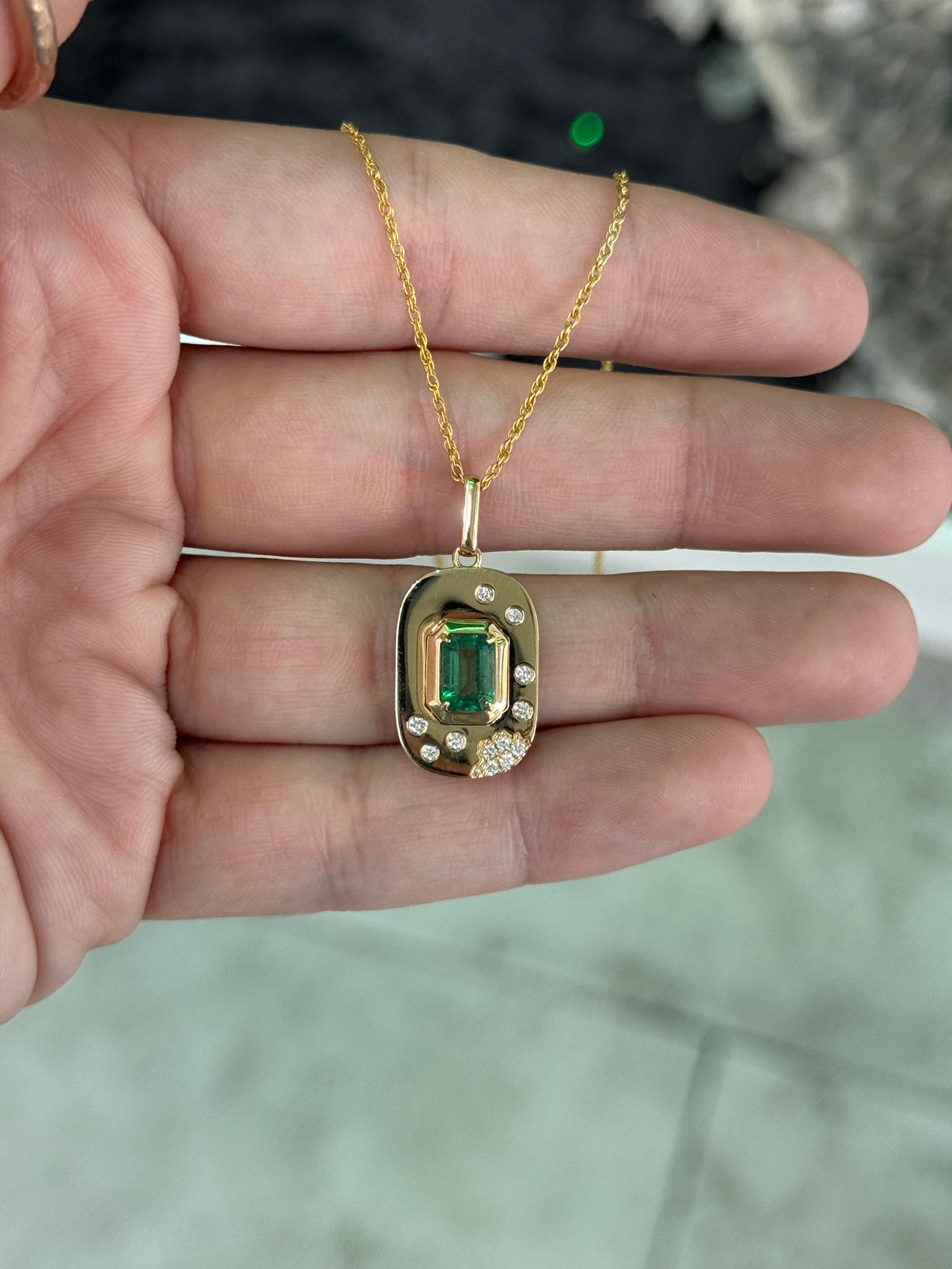 1.05tcw 14K Natural Emerald Cut Emerald & Diamond Cluster Accept Tag Charm Pendant
