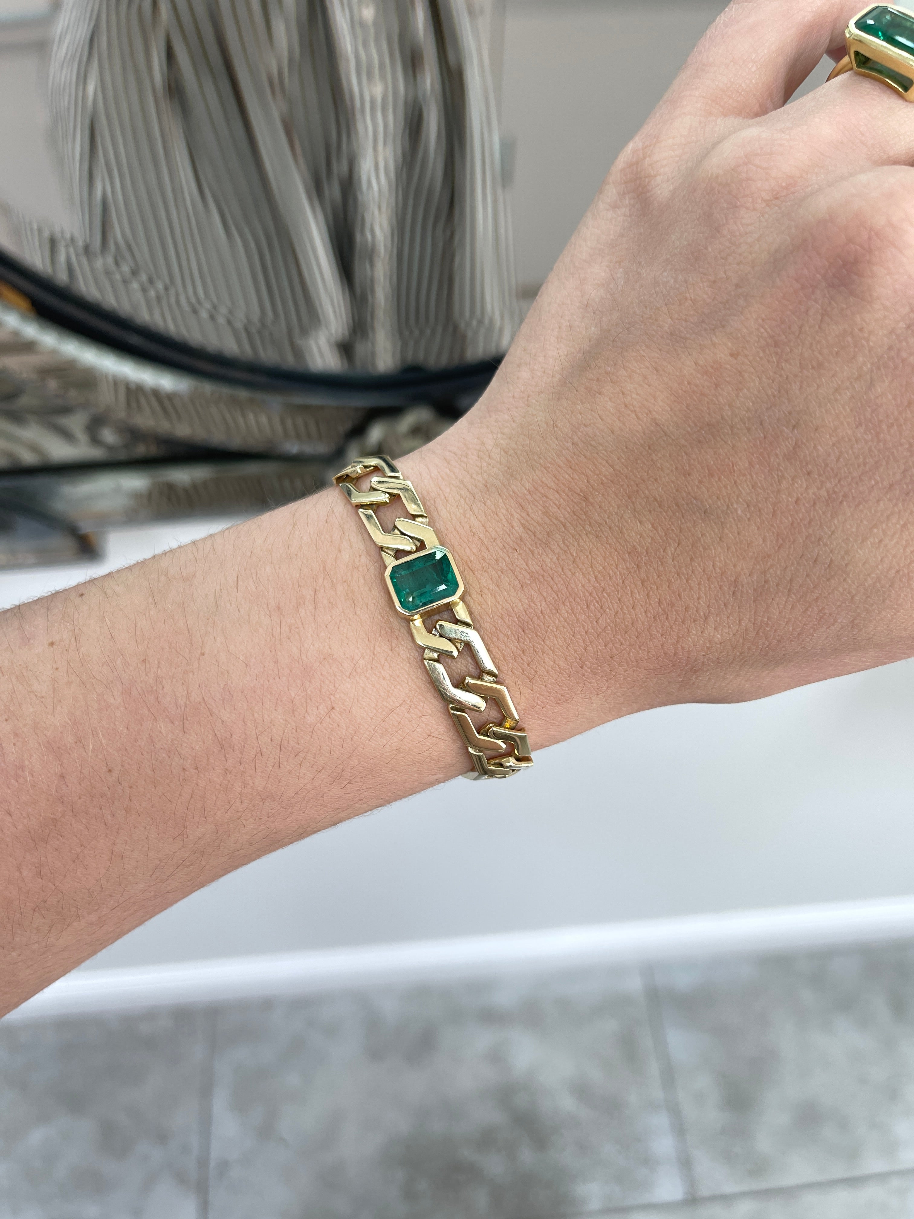 6.38 Carat Bezel Set Chunky Solid Gold Emerald Link Bracelet- 7 Inches - JR Colombian Emeralds