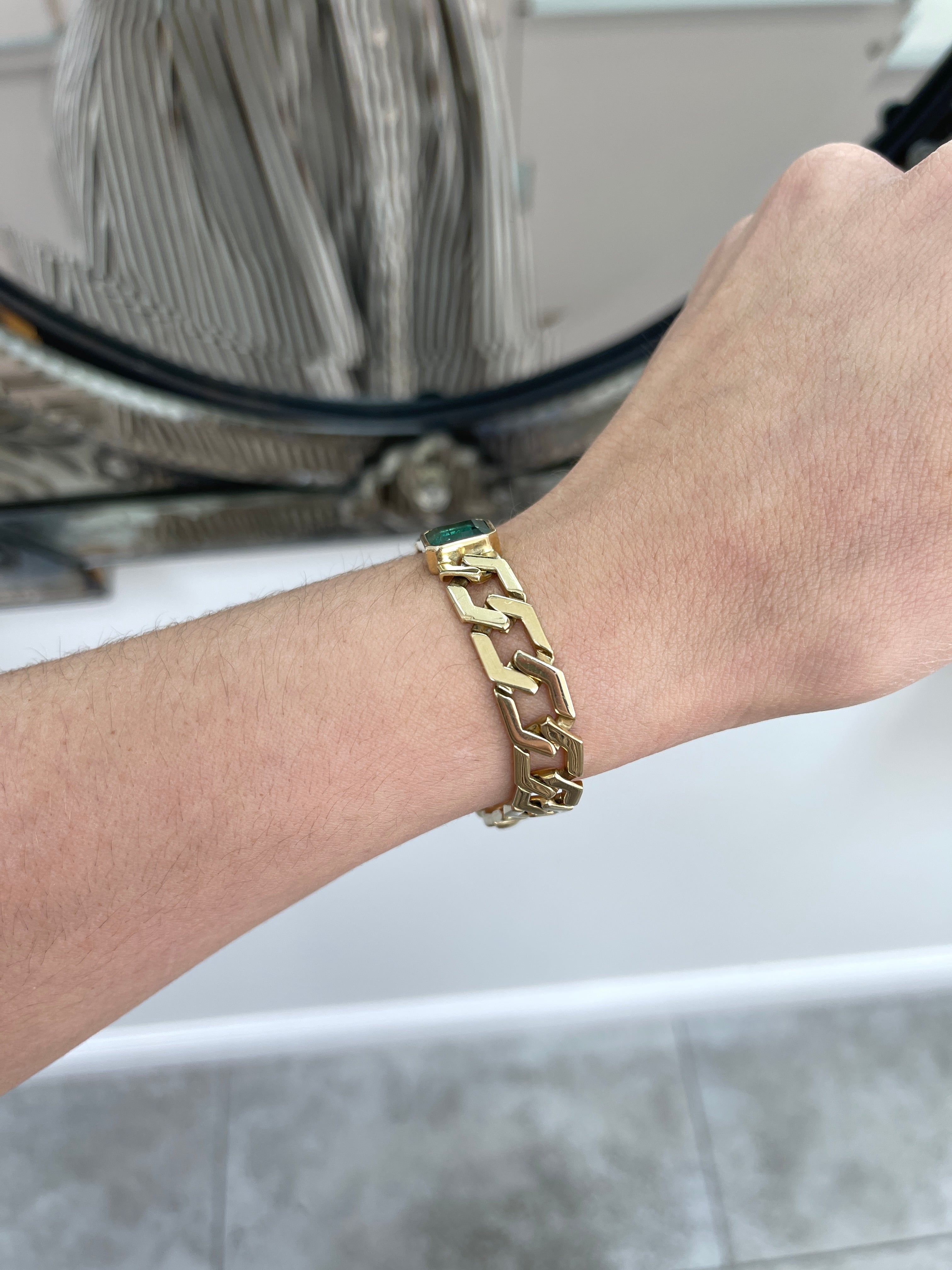 6.38 Carat Bezel Set Chunky Solid Gold Emerald Link Bracelet- 7 Inches - JR Colombian Emeralds