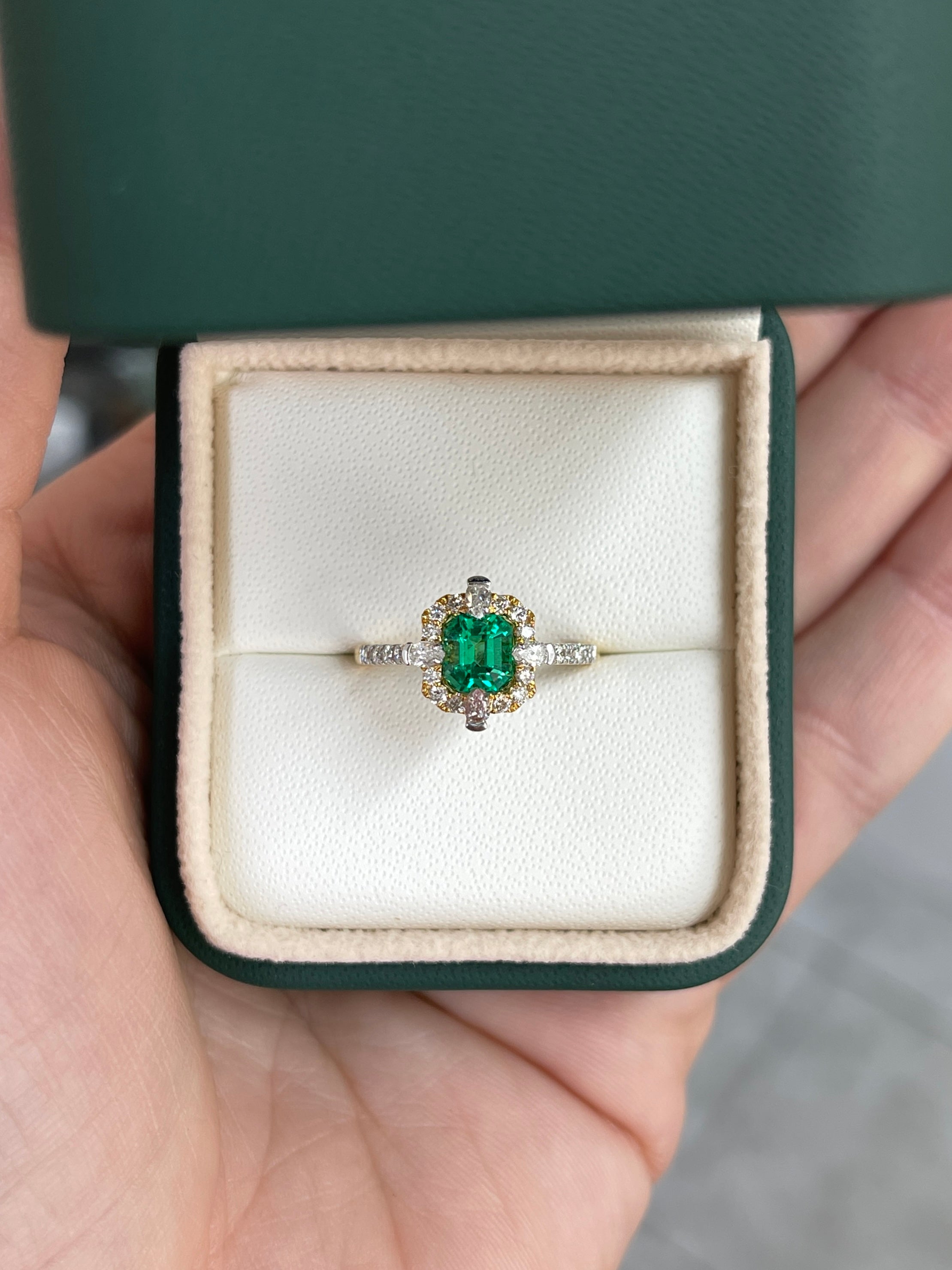 1.22TCW AAA+ Asscher Cut Emerald and Diamond Halo Engagement Ring 18K Two Tone Gold - JR Colombian Emeralds