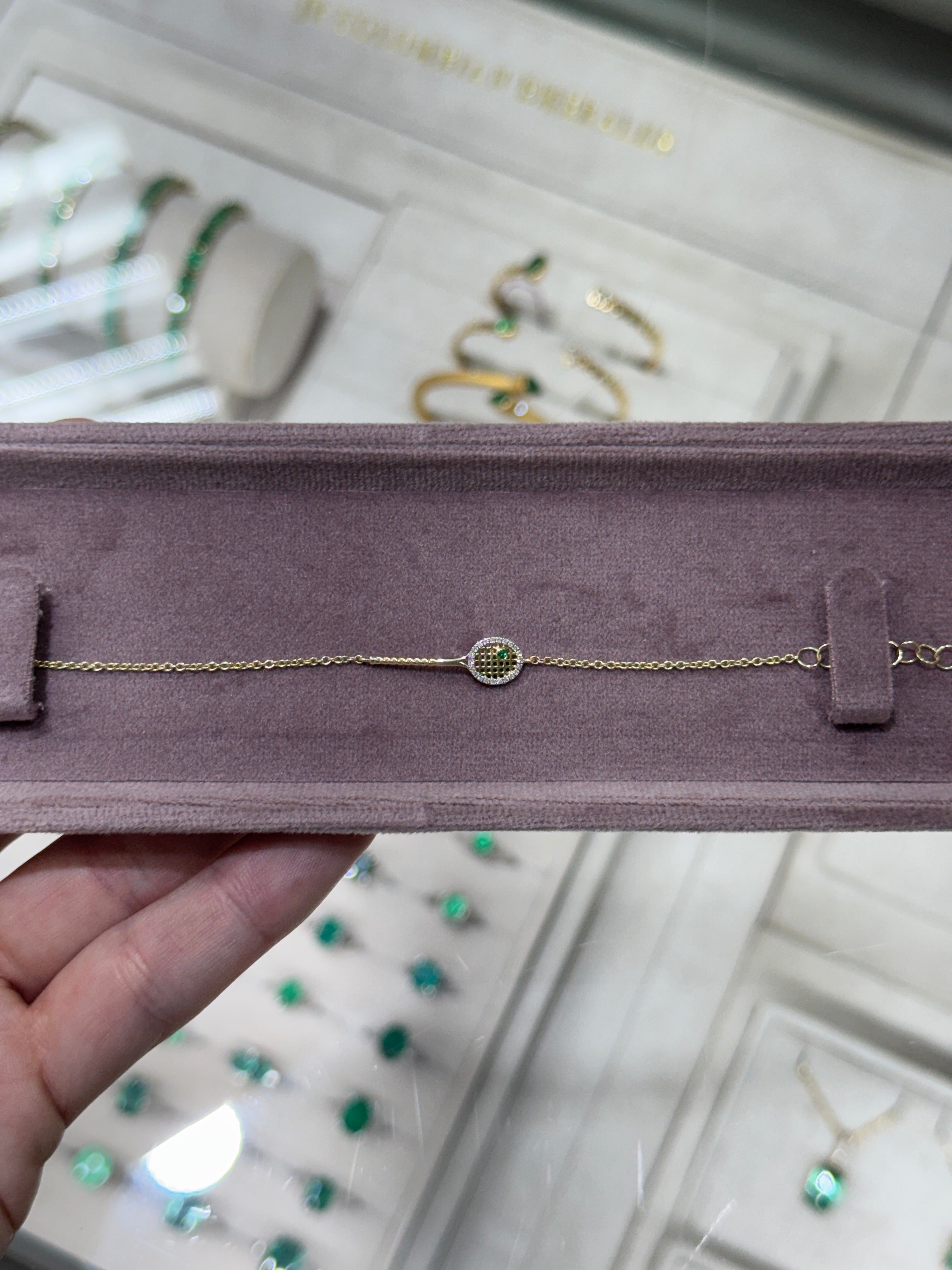0.08tcw 14K Natural Round Emerald & Diamond Halo Tennis Bracket Gold Bracelet