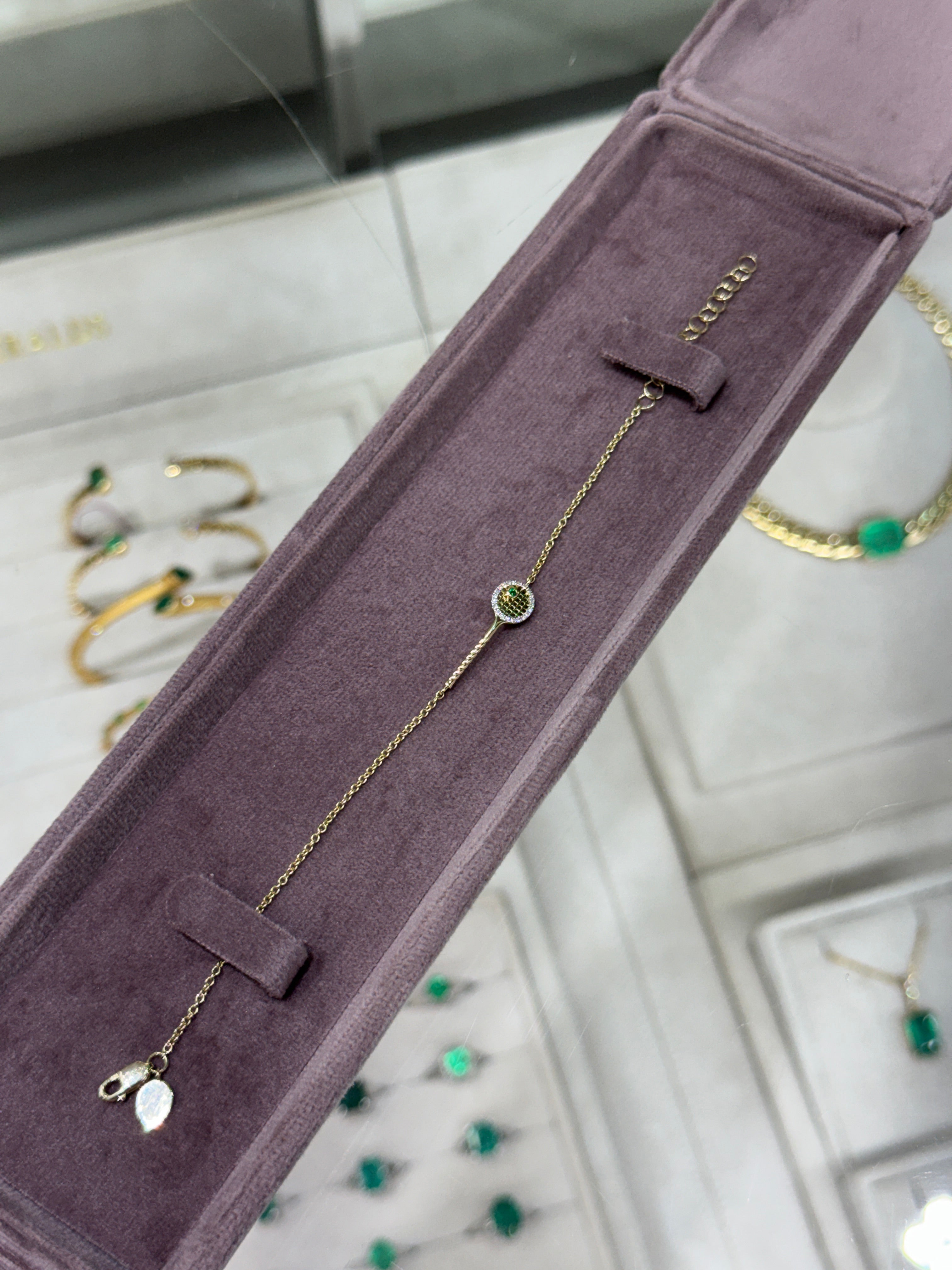 0.08tcw 14K Natural Round Emerald & Diamond Halo Tennis Bracket Gold Bracelet