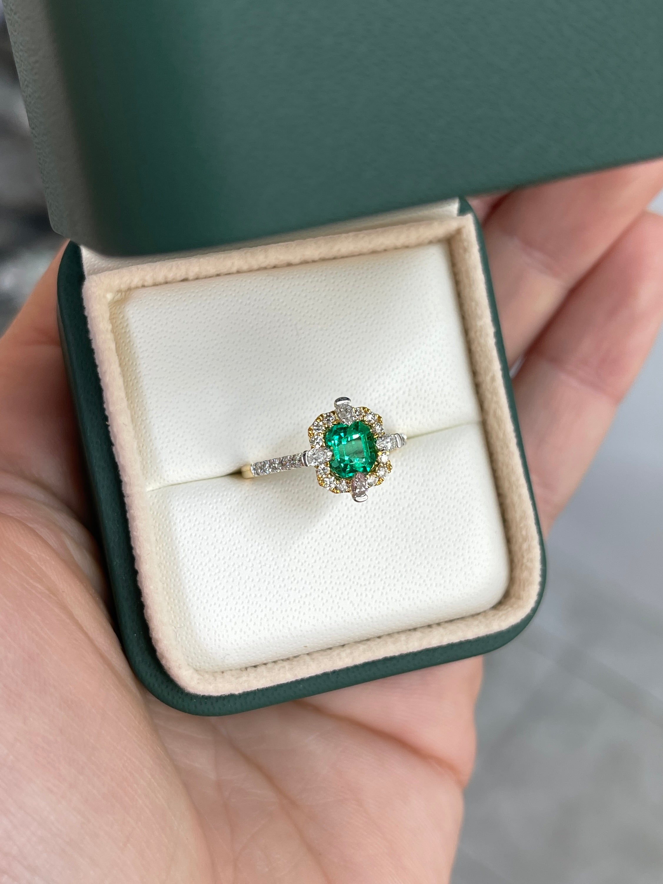 1.22TCW AAA+ Asscher Cut Emerald and Diamond Halo Engagement Ring 18K Two Tone Gold - JR Colombian Emeralds