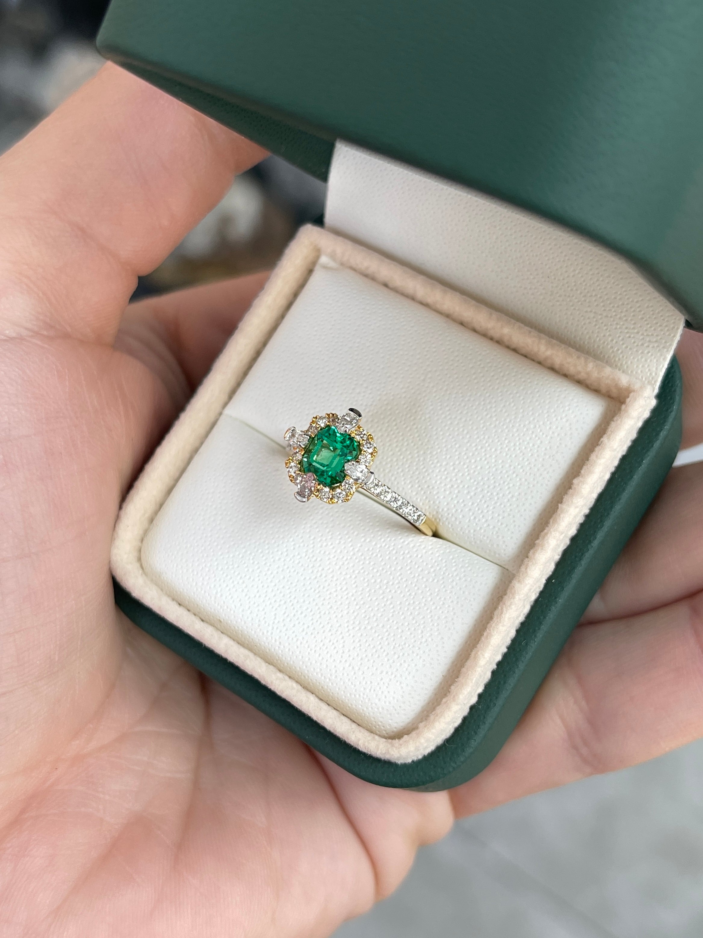 1.22TCW AAA+ Asscher Cut Emerald and Diamond Halo Engagement Ring 18K Two Tone Gold - JR Colombian Emeralds