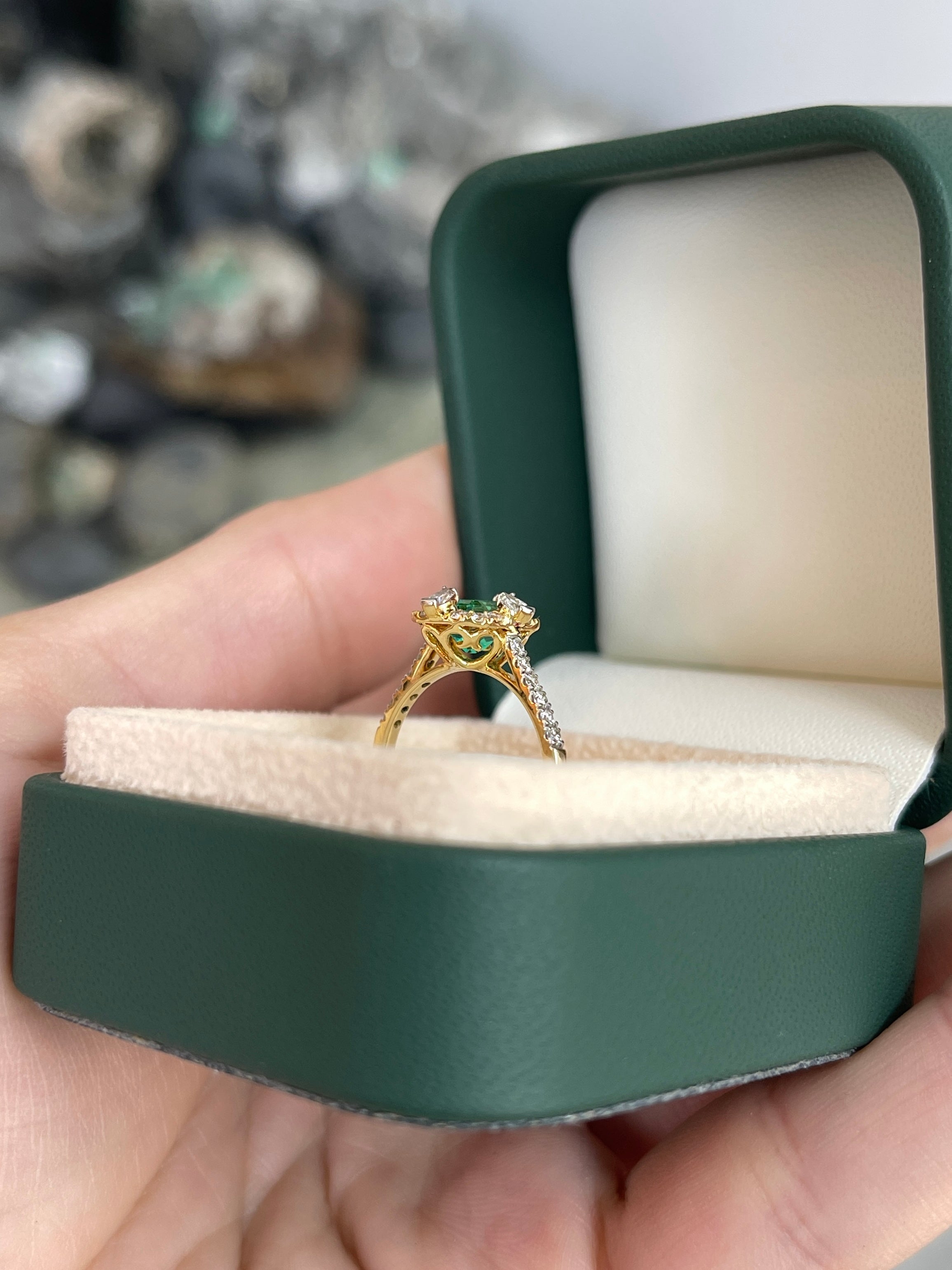1.22TCW AAA+ Asscher Cut Emerald and Diamond Halo Engagement Ring 18K Two Tone Gold - JR Colombian Emeralds