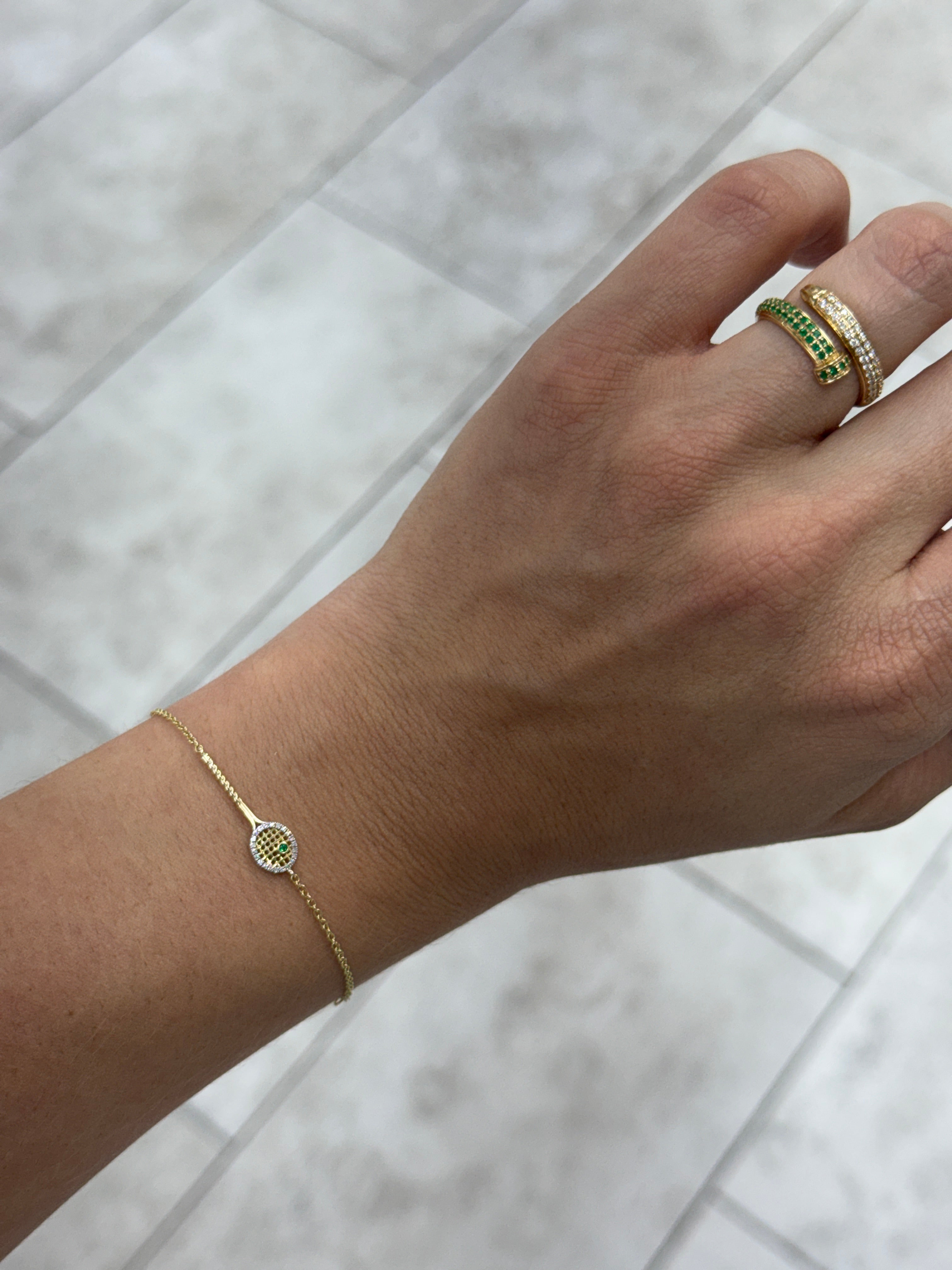 0.08tcw 14K Natural Round Emerald & Diamond Halo Tennis Bracket Gold Bracelet