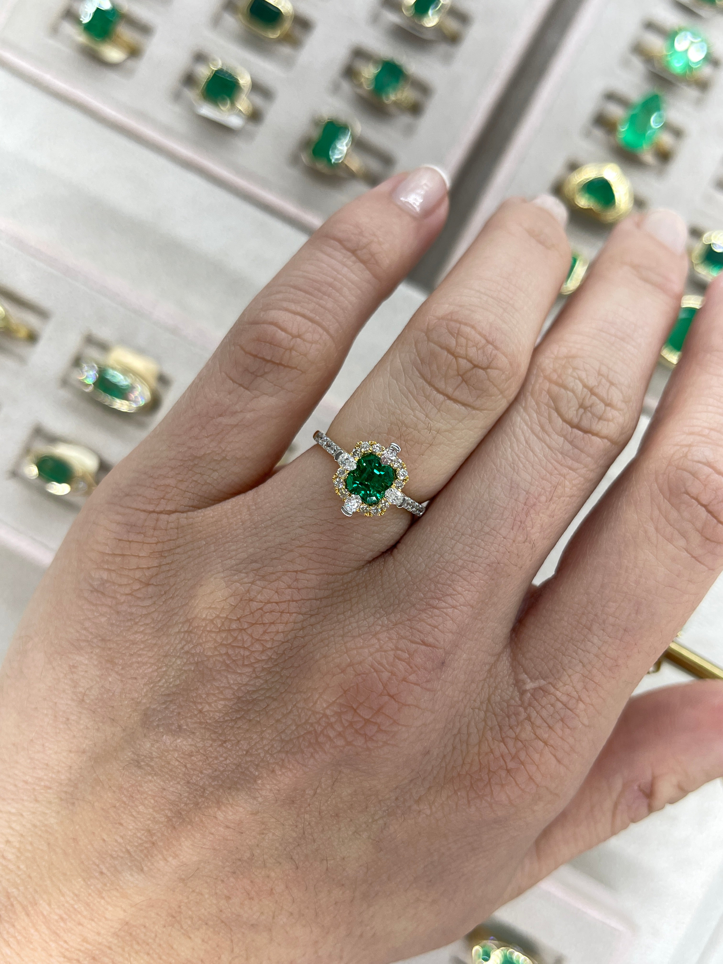 1.22TCW AAA+ Asscher Cut Emerald and Diamond Halo Engagement Ring 18K Two Tone Gold - JR Colombian Emeralds