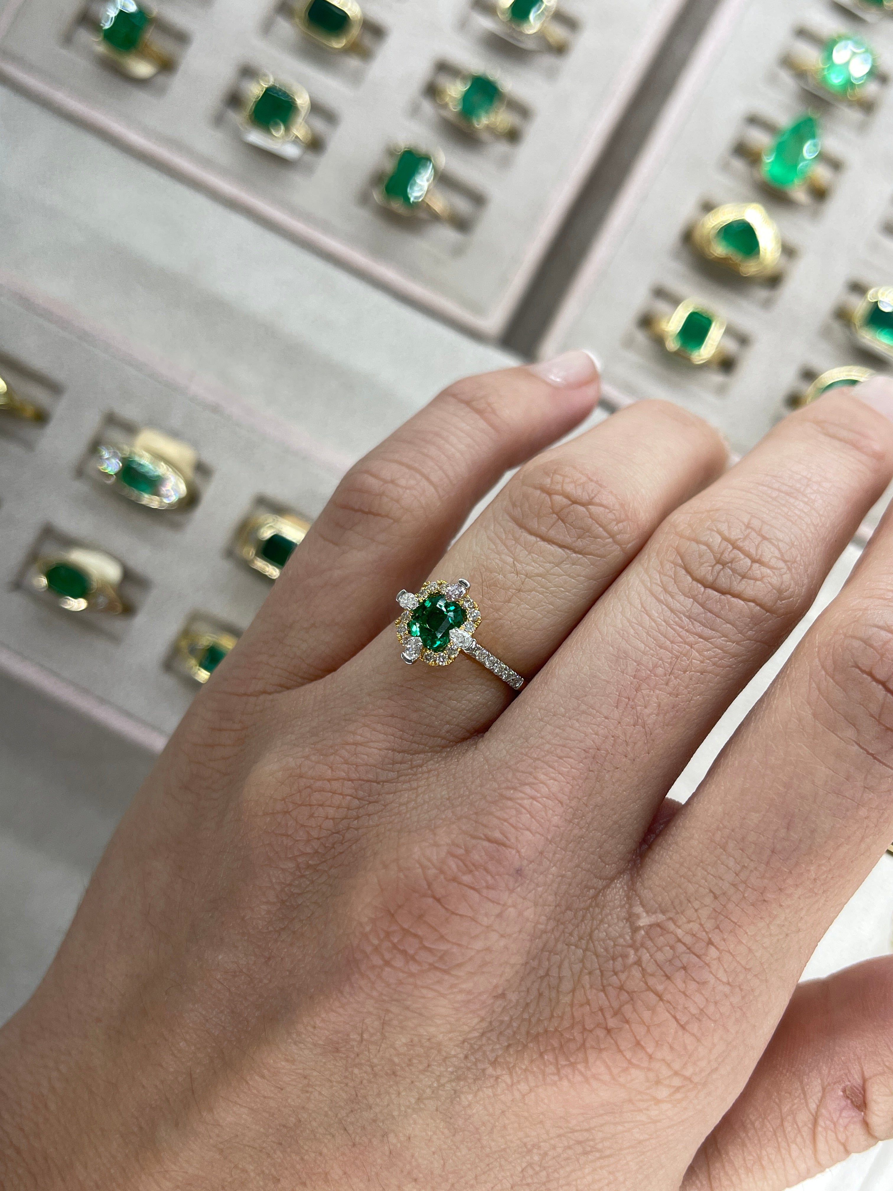 1.22TCW AAA+ Asscher Cut Emerald and Diamond Halo Engagement Ring 18K Two Tone Gold - JR Colombian Emeralds