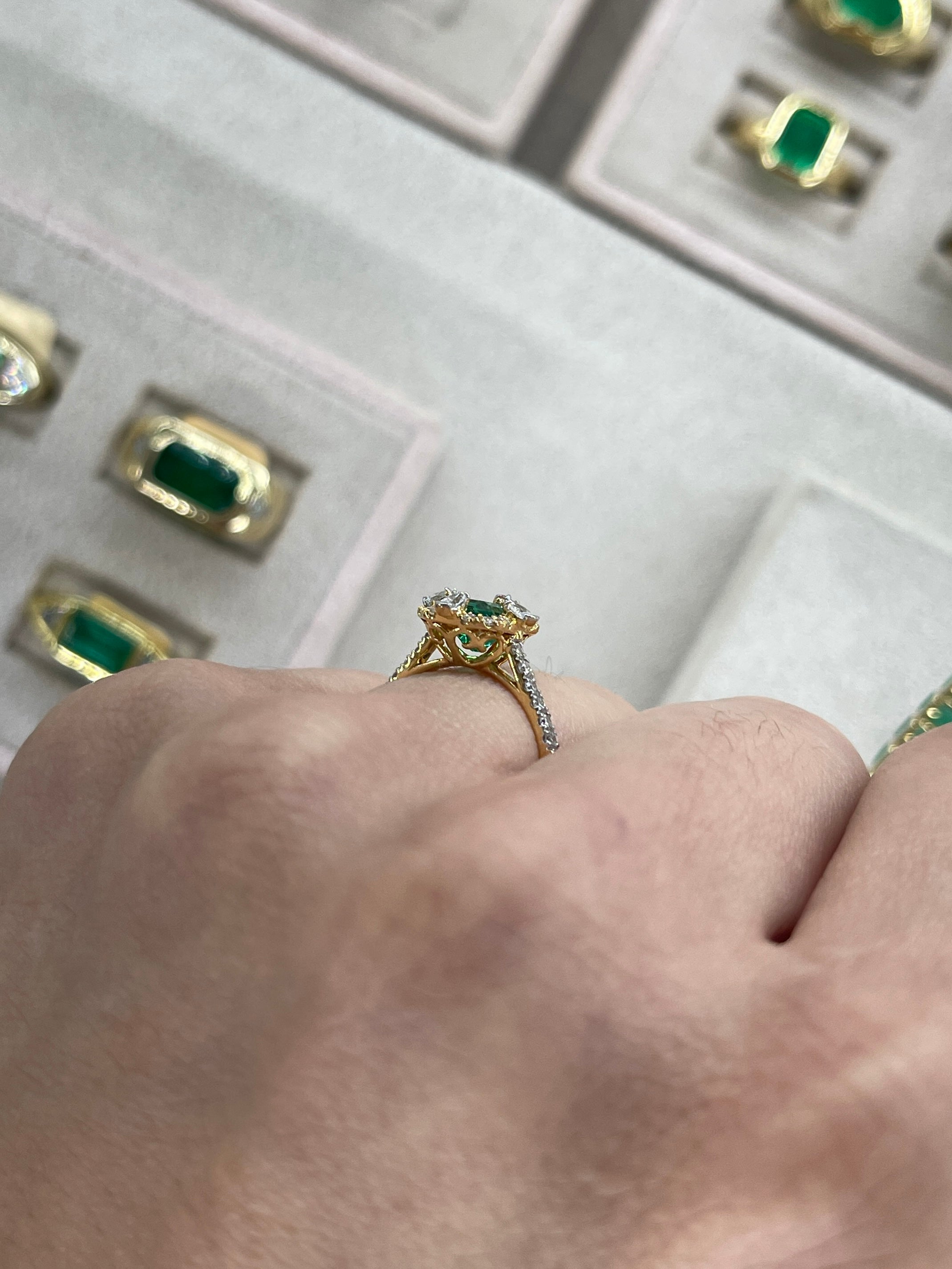 1.22TCW AAA+ Asscher Cut Emerald and Diamond Halo Engagement Ring 18K Two Tone Gold - JR Colombian Emeralds
