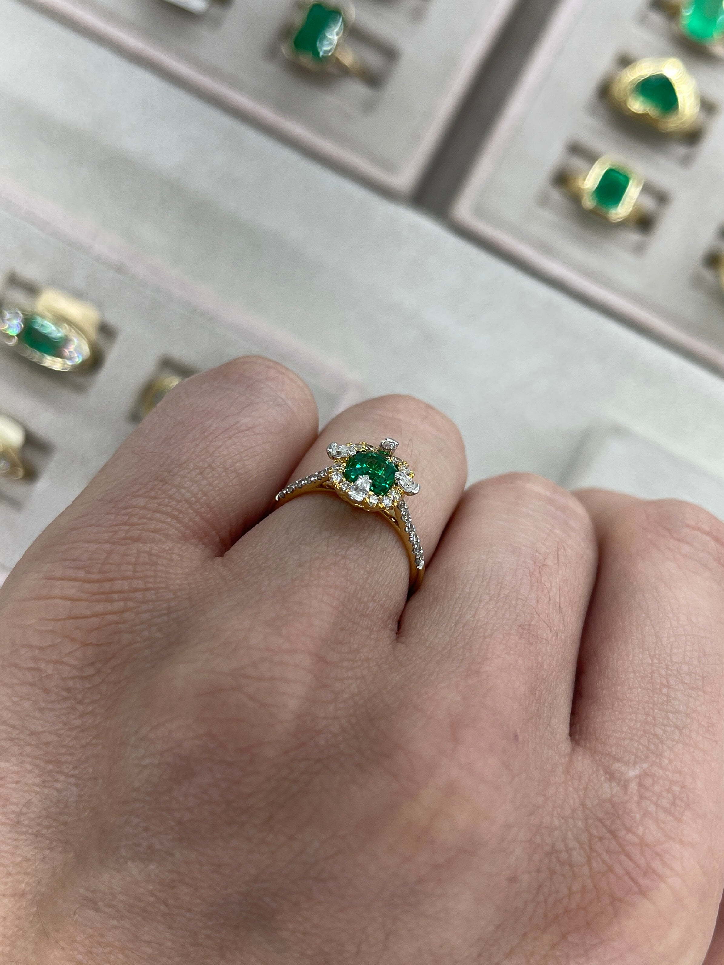 1.22TCW AAA+ Asscher Cut Emerald and Diamond Halo Engagement Ring 18K Two Tone Gold - JR Colombian Emeralds