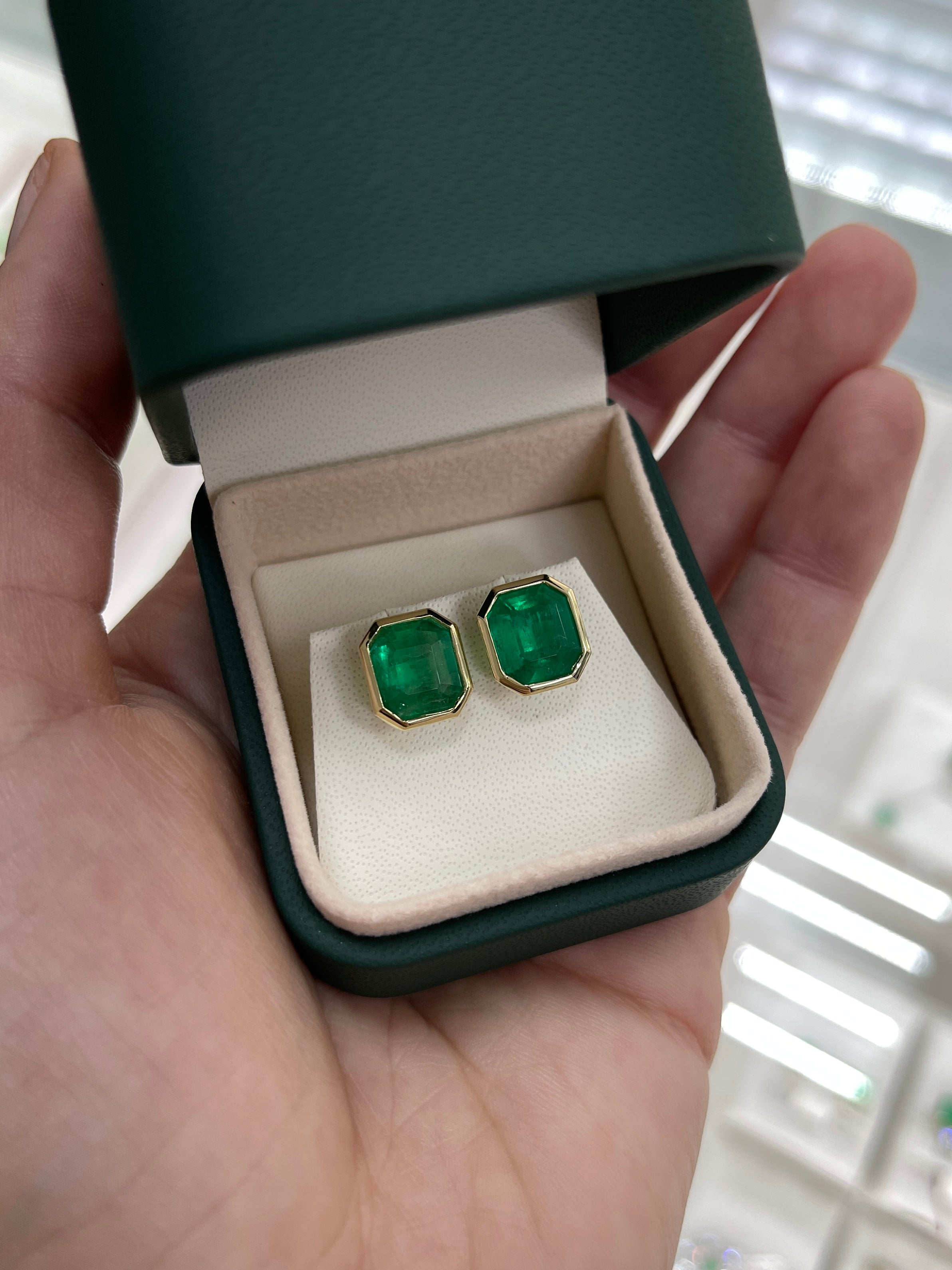 6.23TCW Chunky Emerald Cut Colombian Emerald Bezel Statement Earrings 14K - JR Colombian Emeralds