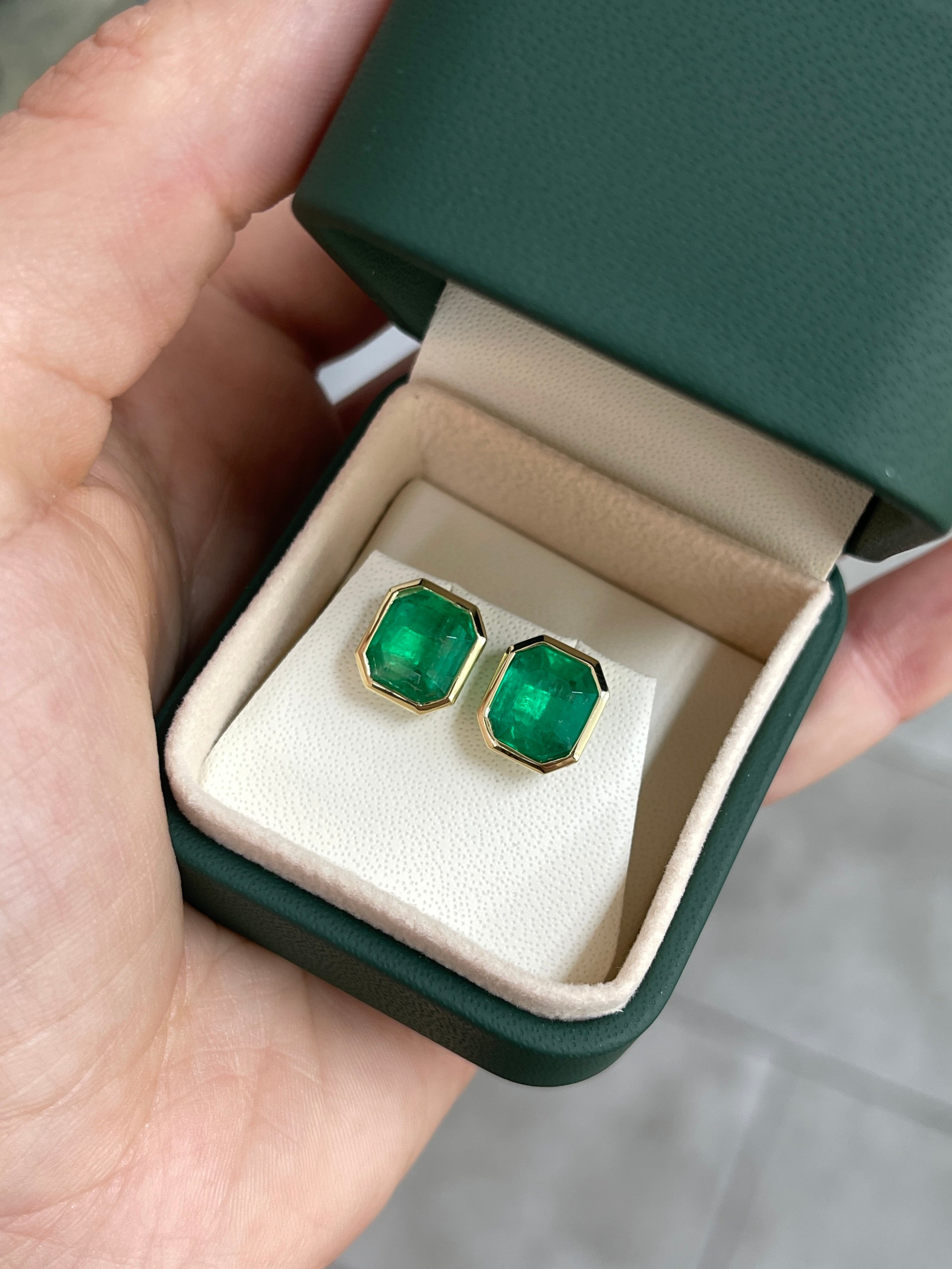 6.23TCW Chunky Emerald Cut Colombian Emerald Bezel Statement Earrings 14K - JR Colombian Emeralds