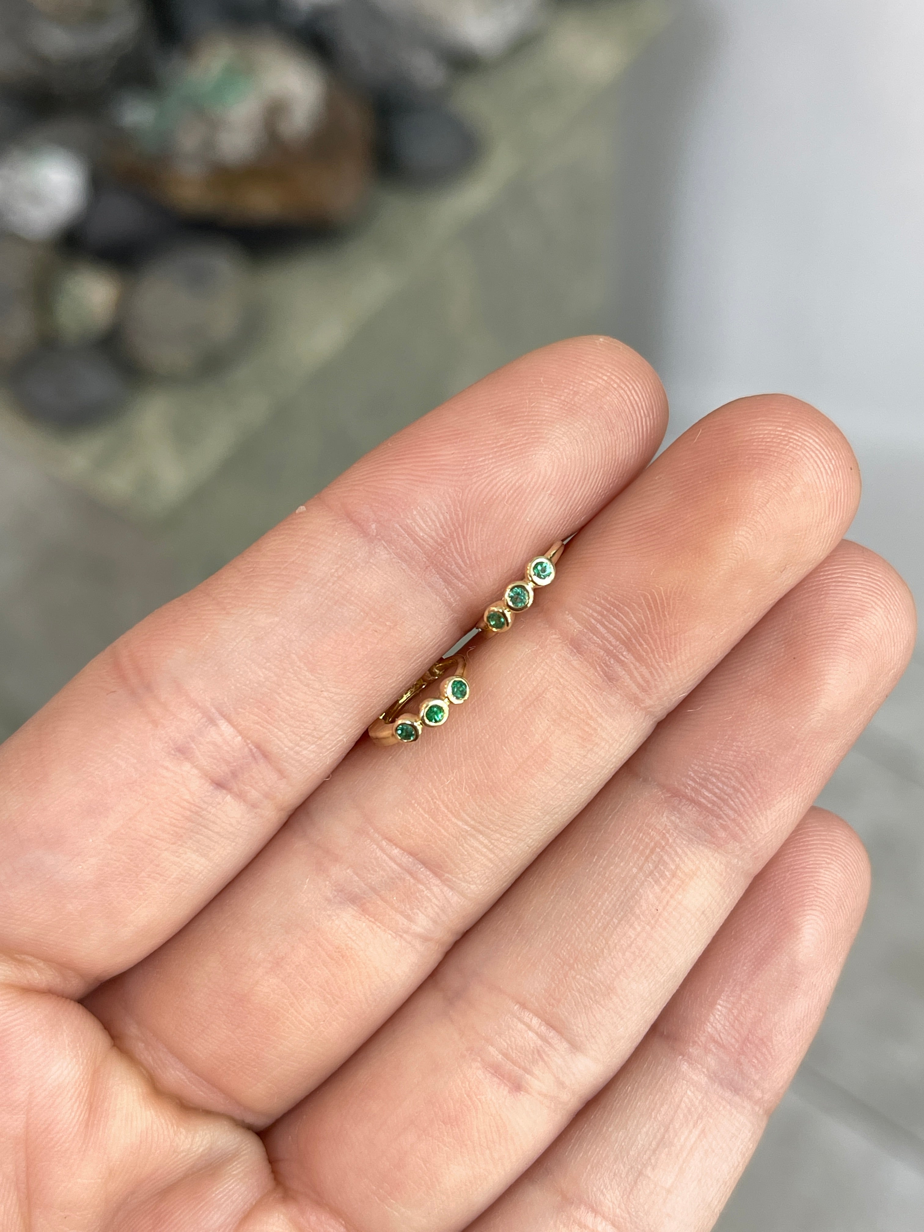 Mini Bezel Set Emerald Huggie Hoop Earrings 14K - JR Colombian Emeralds