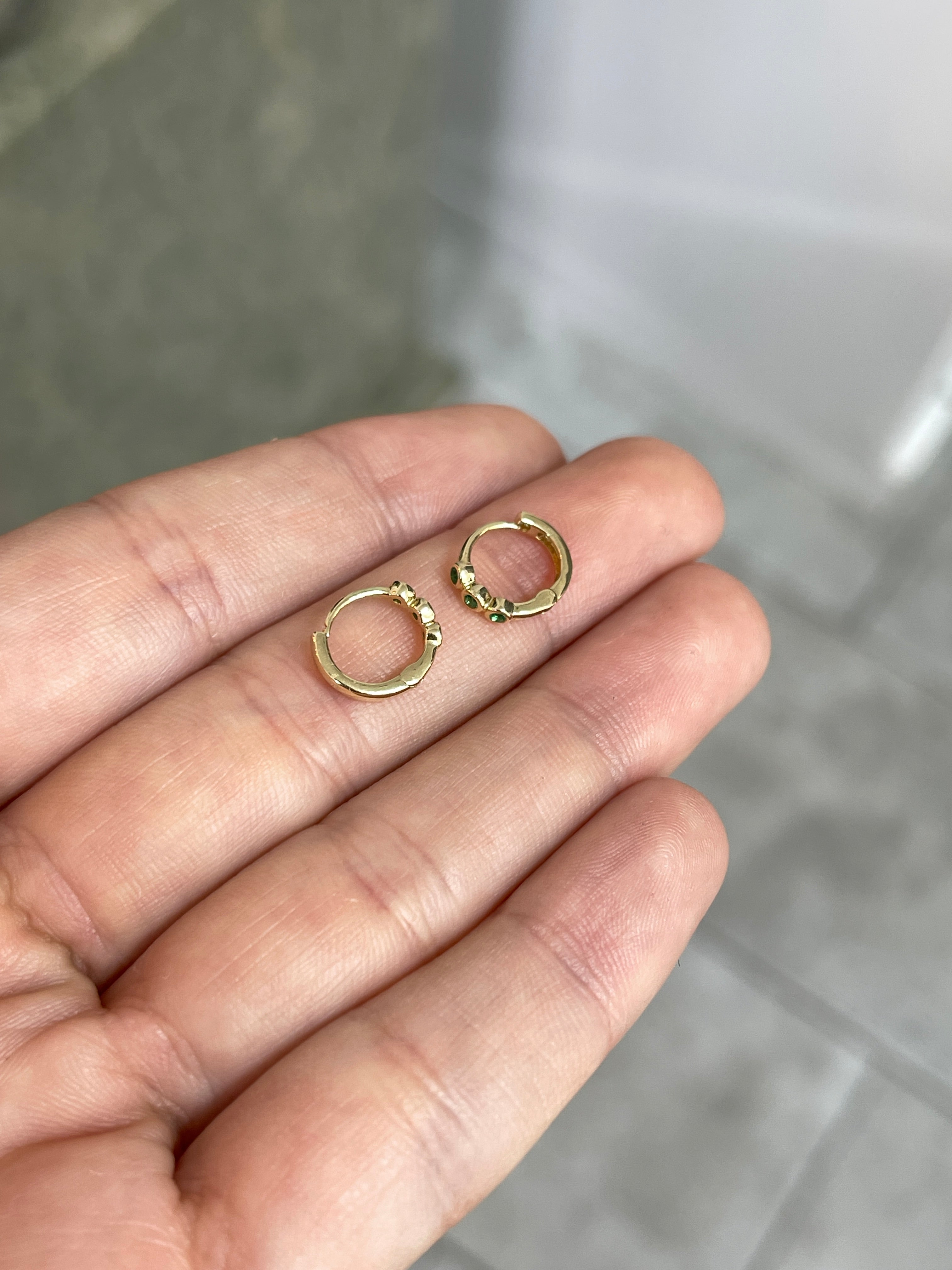 Mini Bezel Set Emerald Huggie Hoop Earrings 14K - JR Colombian Emeralds