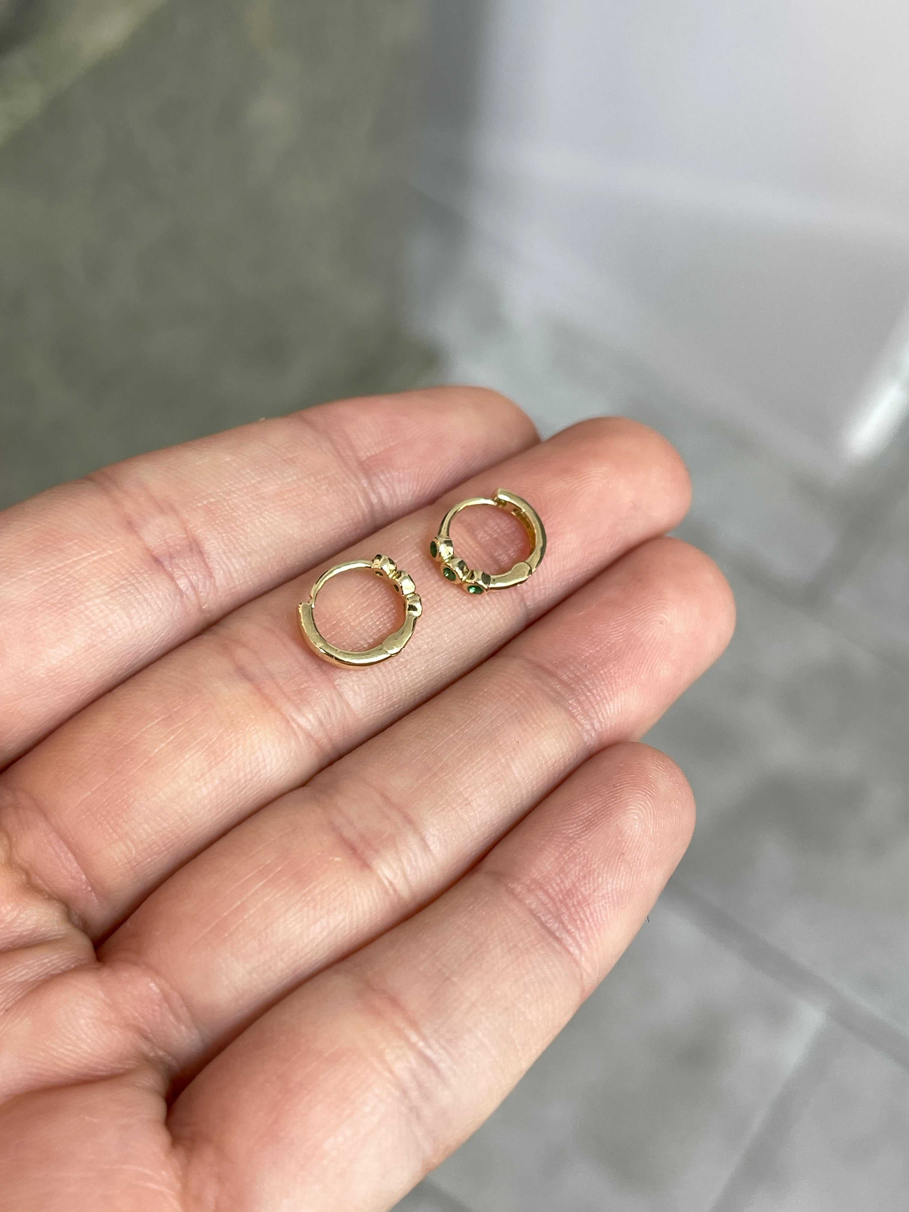 Mini Bezel Set Emerald Huggie Hoop Earrings 14K - JR Colombian Emeralds